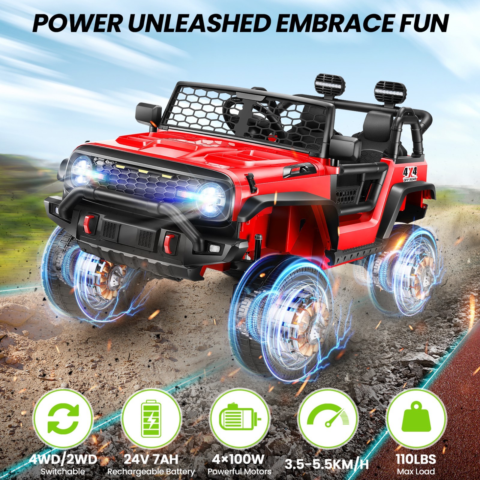 24V Kids Car Toy Ride on Truck Power Wheels w/Remote 2.4G Bluetooth LED Lights-