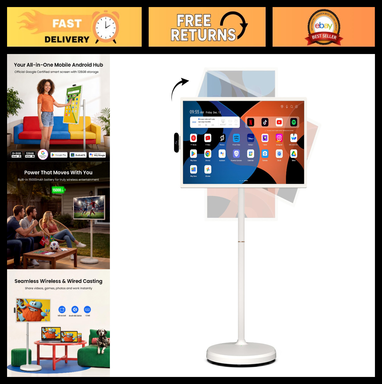 32″ FHD Smart Portable TV on Wheels, Android, 128GB Storage, 15000mAh Battery, T