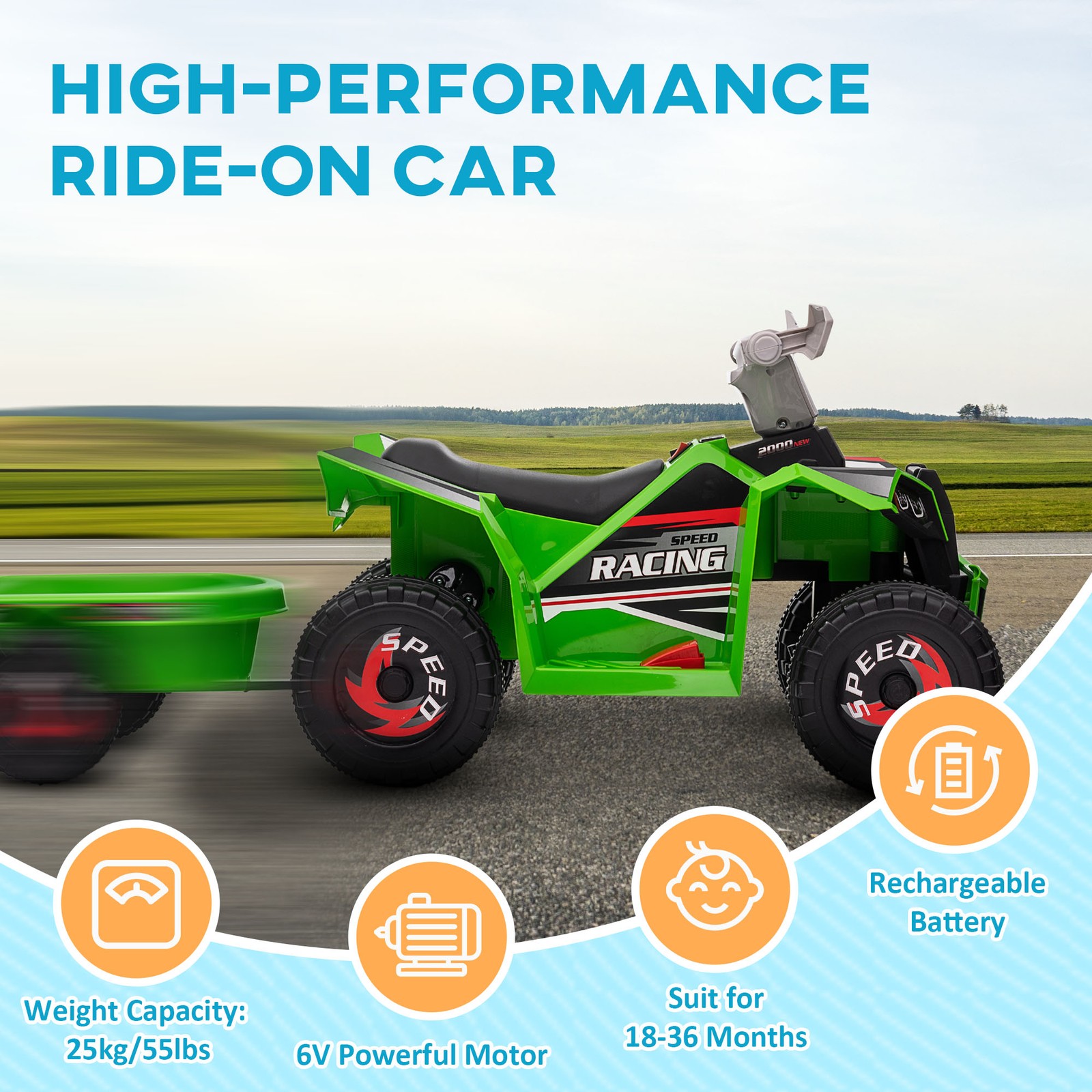 6V Kids ATV Quad Car with Back Trailer, Forward Backward Green