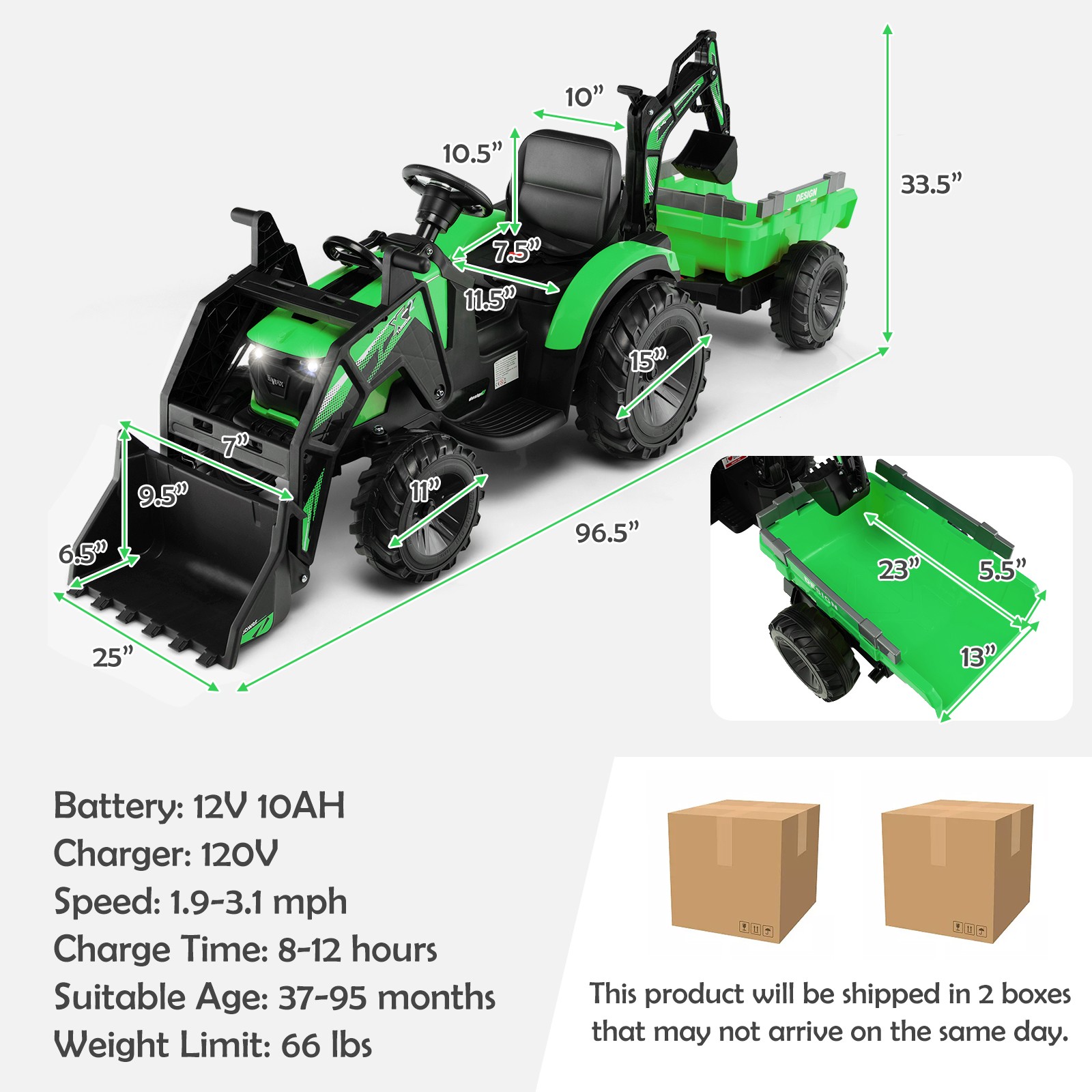 3-in-1 Kids Ride On Excavator Bulldozer 12V Electric Tractor Remote w/ Trailer