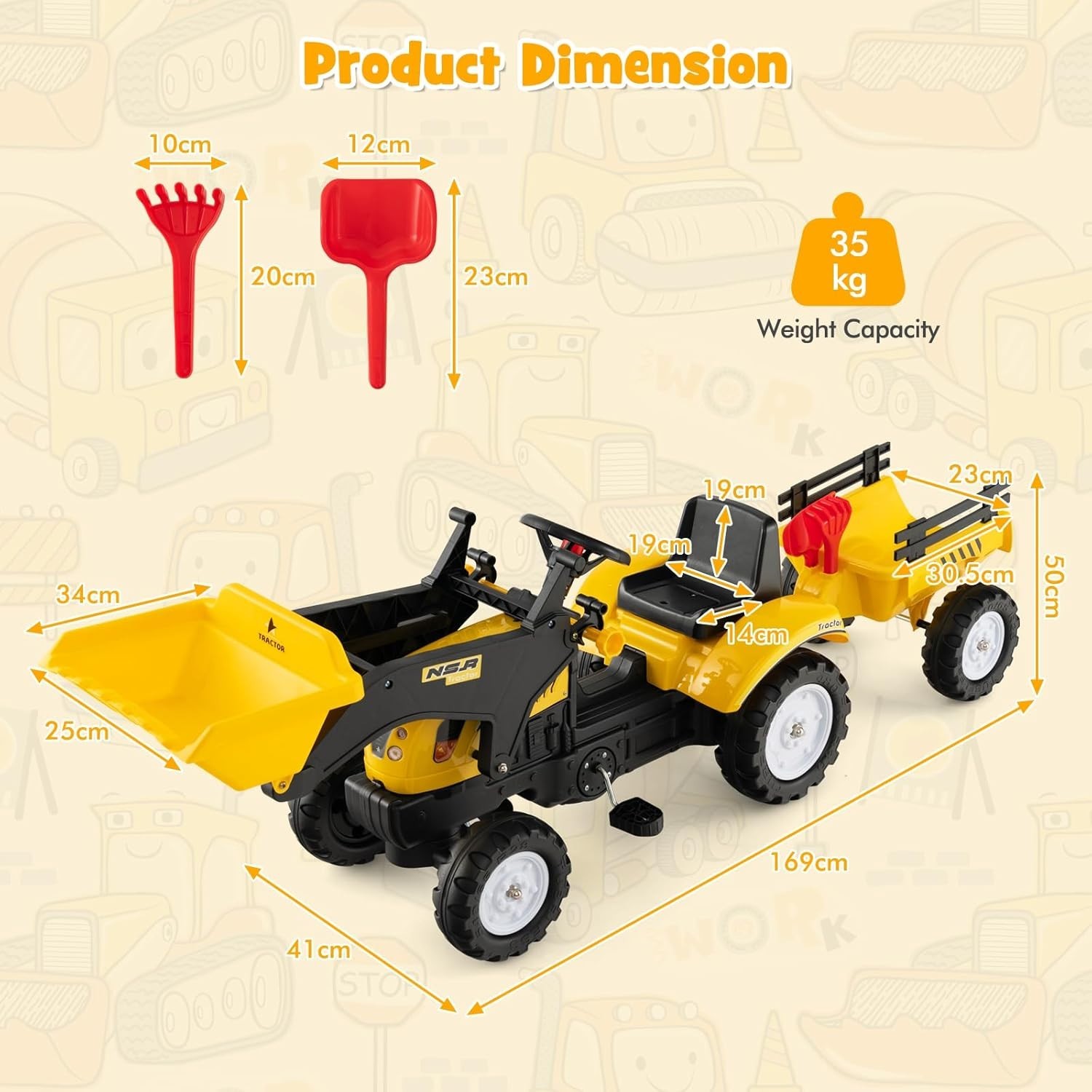 Kids Ride on Excavator, Pedal Digger Car Bulldozer with Manual Control Bucket, D