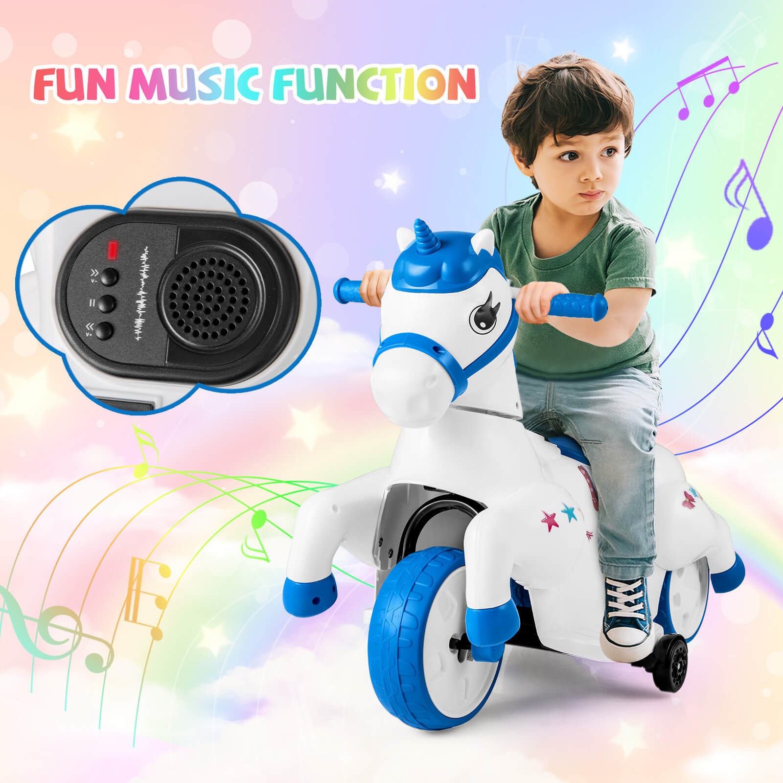 12V Kids Ride on Unicorn Toy w/ Training Wheels Music One-button Start Horse Toy