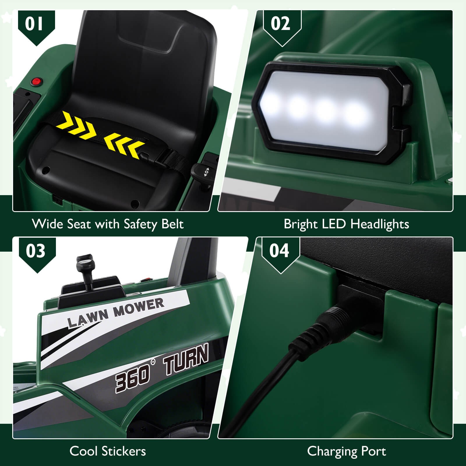 12V Ride on Lawn Mower w/Dual Control Sticks LED Lights Twist Turn for Aged 3-8