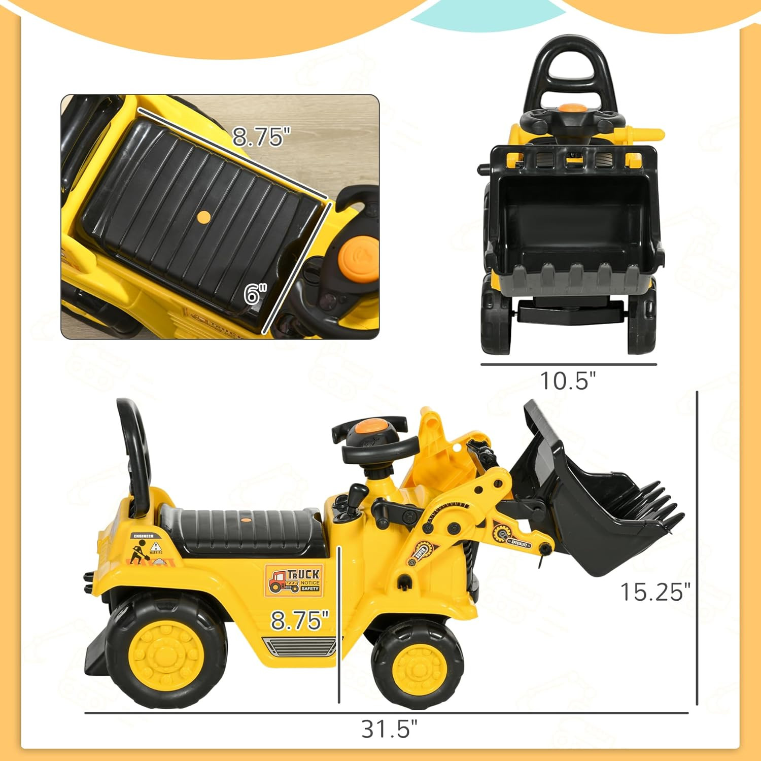 Ride on Excavator, Kids Bulldozer Pull Cart with Horn, under Seat Storage, Sit a