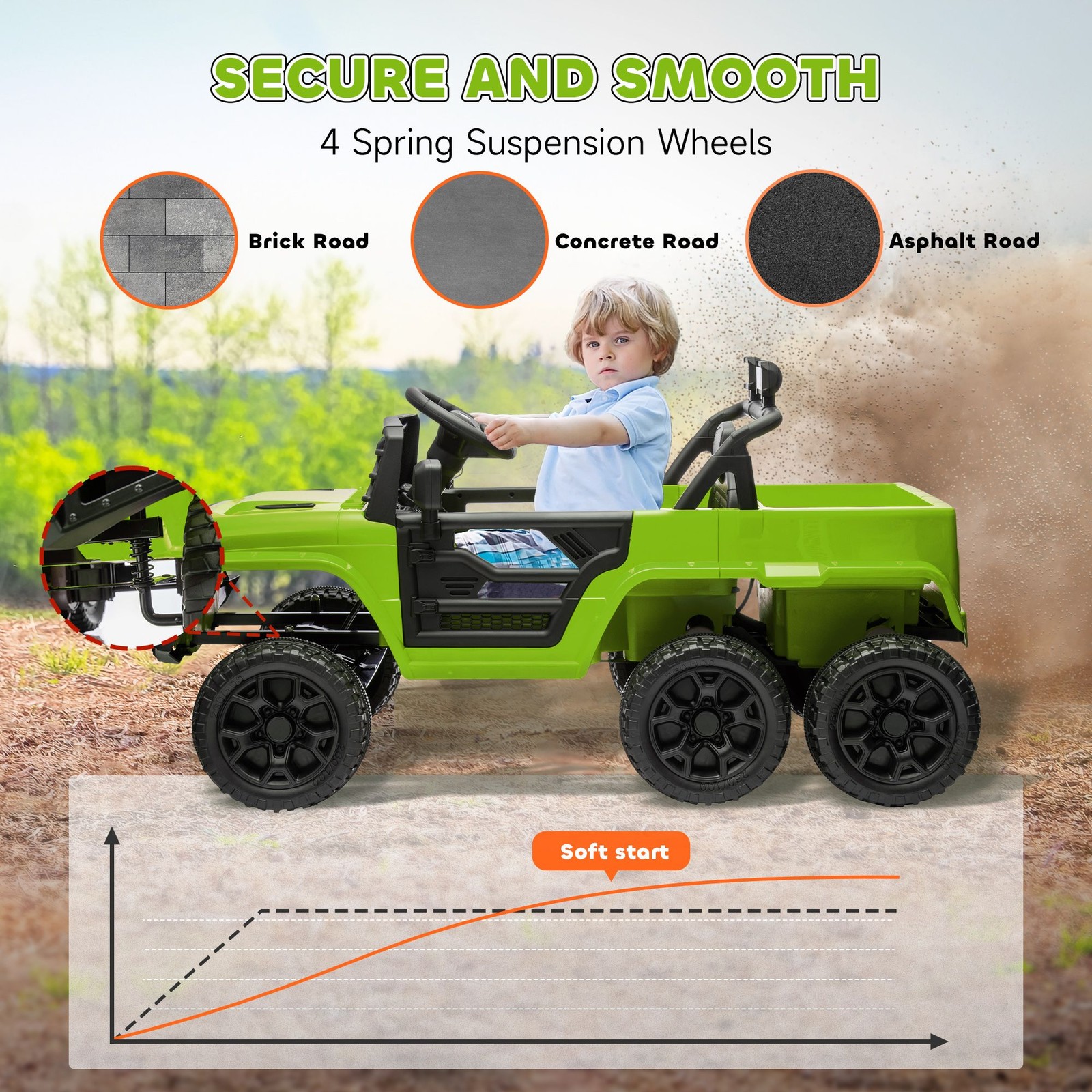 12V Durable Kids Car with Built-in Music Soft Start Seat Belt Green Color