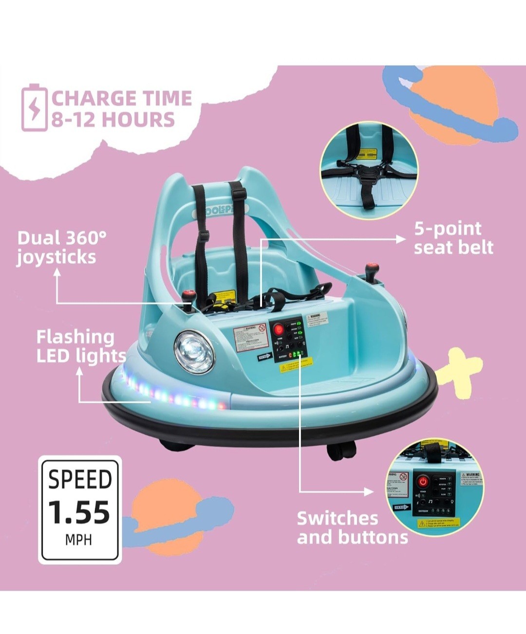 12V Kids Ride On Bumper Car w/ Remote Control, LED Lights – Fits 1.5-5 Years Old
