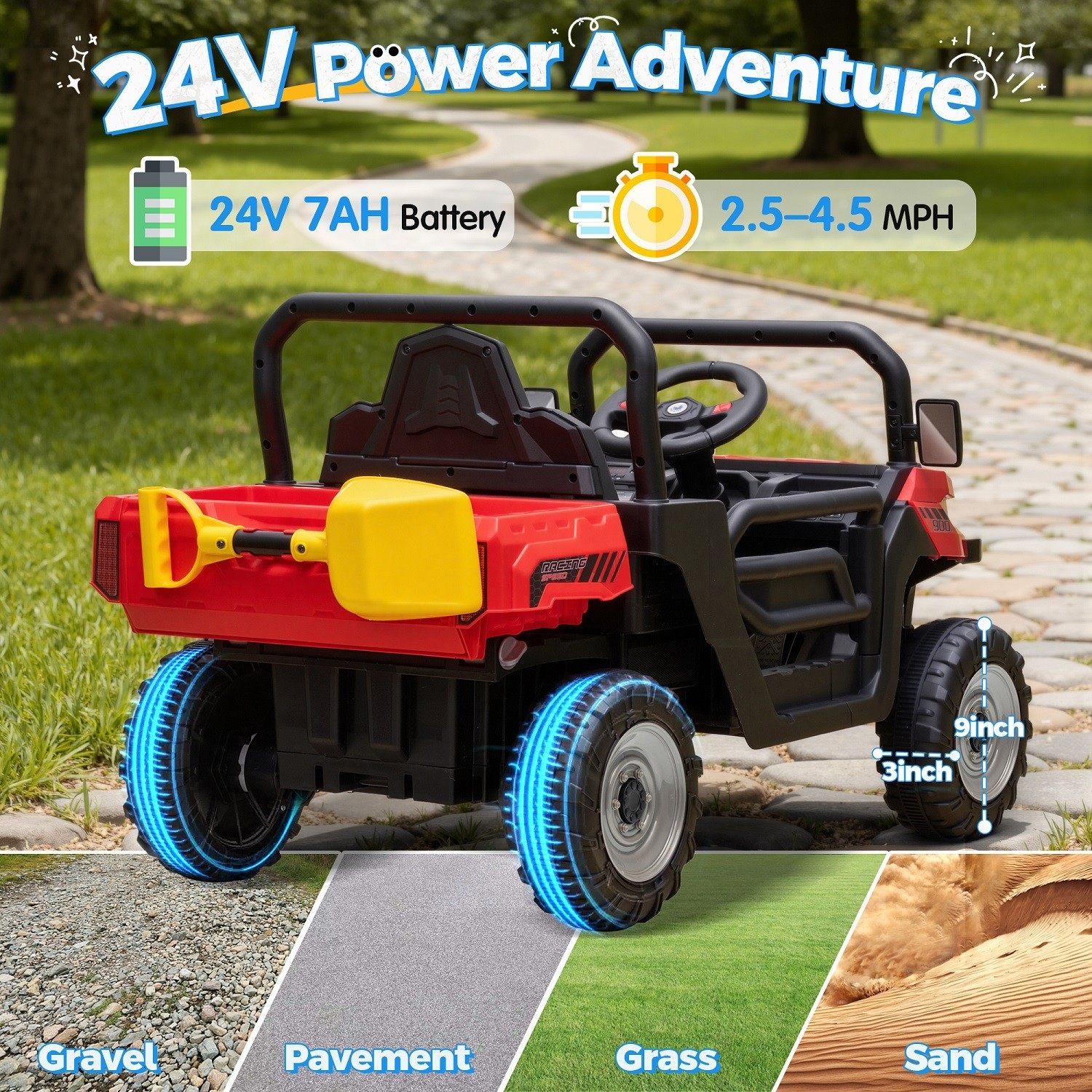 24V Kids UTV Dump Truck RC Spring Suspension Dump Bed Shovel Bluetooth LED Light