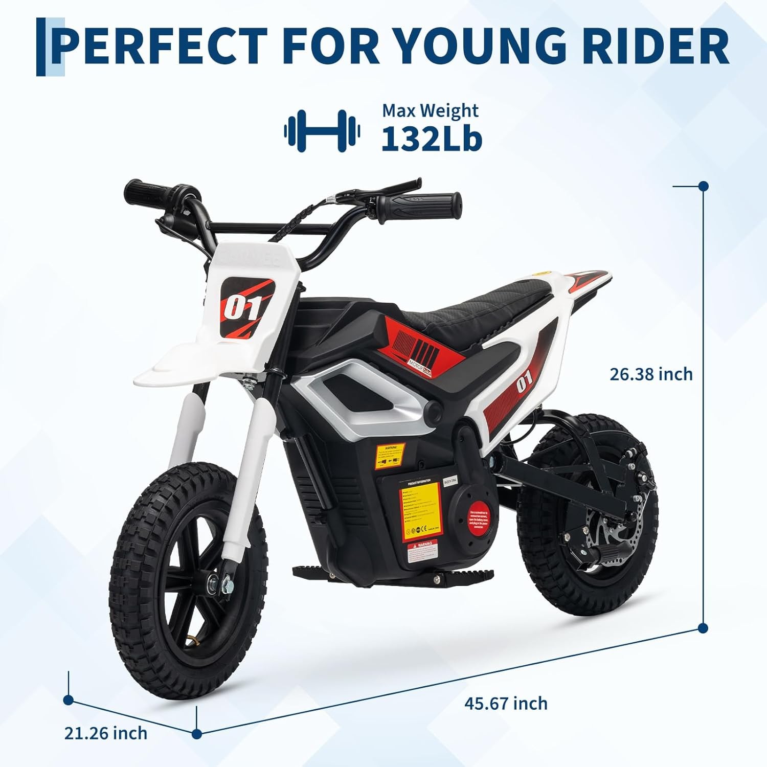 24v Ride on Motorcycle for Kids 350w Mini Dirt Bike 14 MPH White