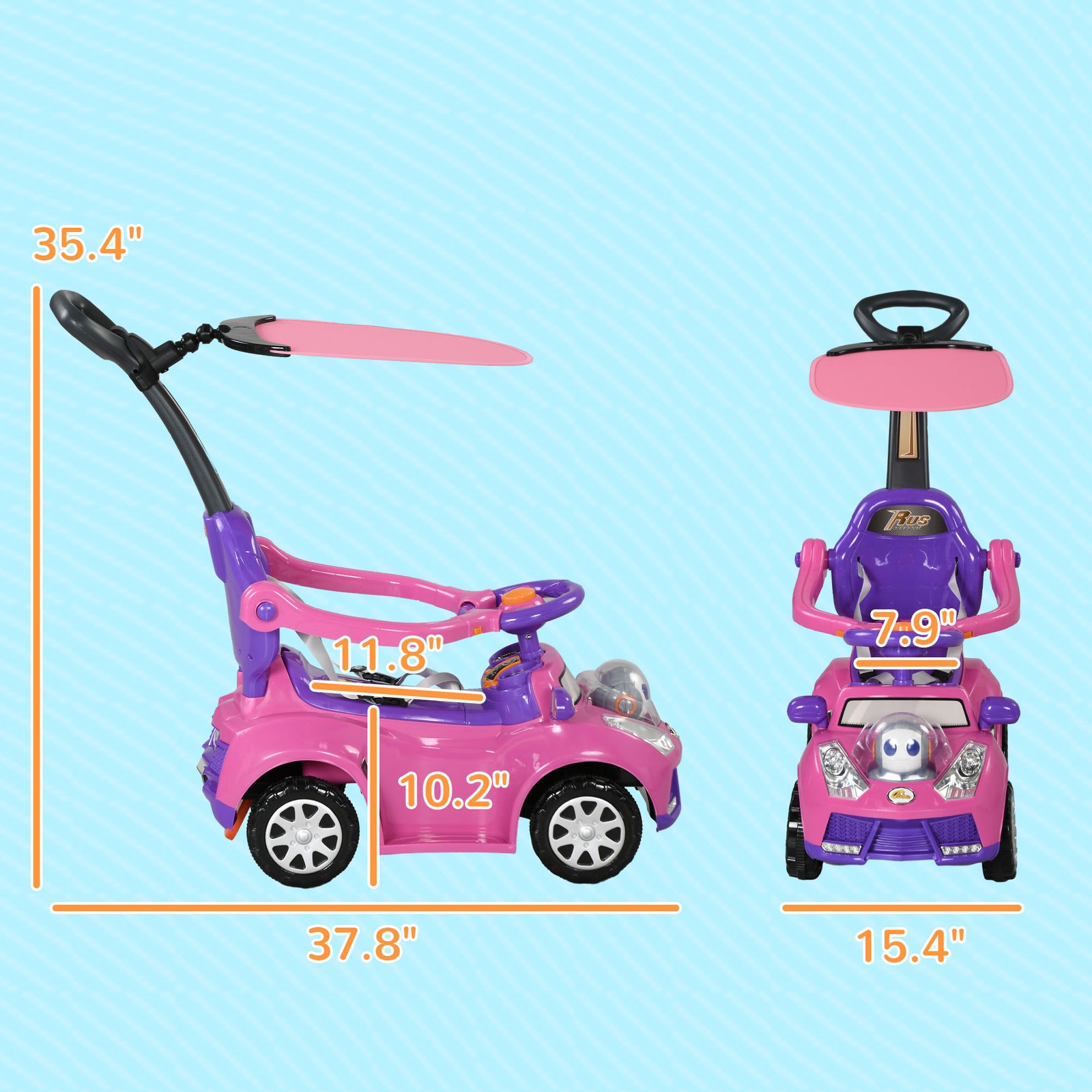 3 in 1 Push Car Sliding Car with Removable Handle, Music, Horn, Pink