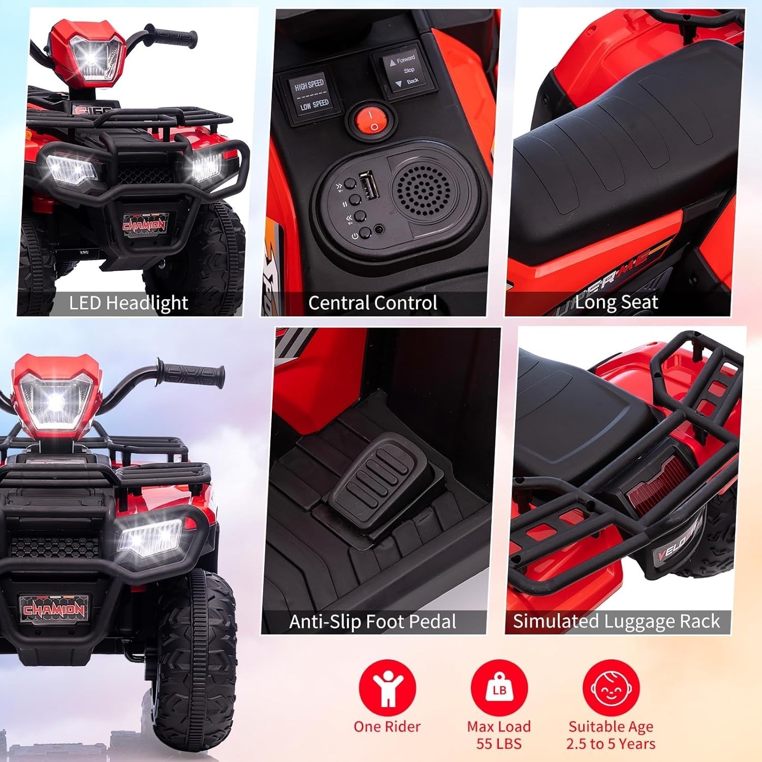 12V Kids Ride on Toy 4 Wheeler Quad Car 1.5-2.2mph Speed with Music LED Light