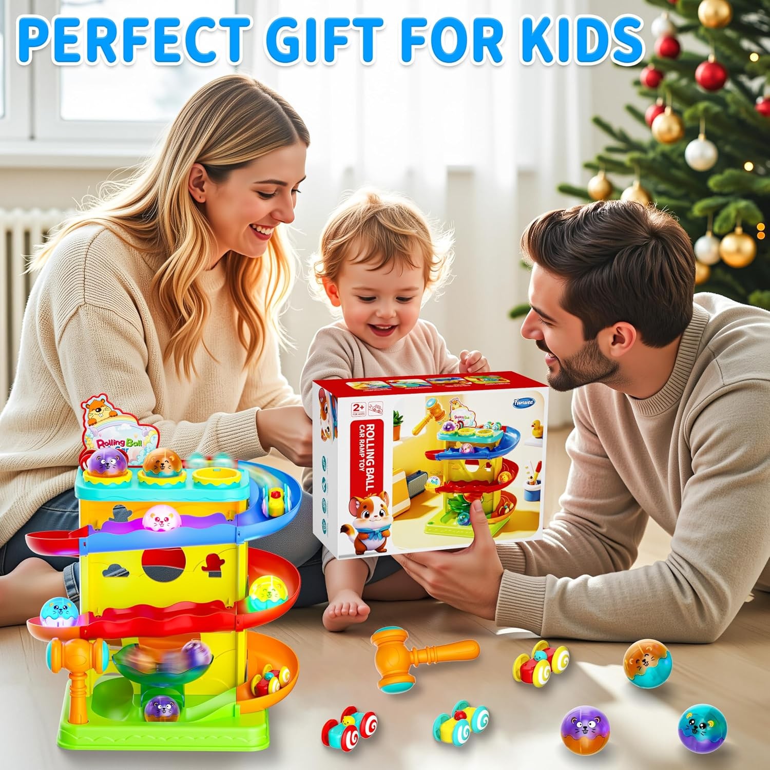 2-in-1 Light Up Rolling Ball & Racing Car Ramp Toddler Toy Race Track Hammer