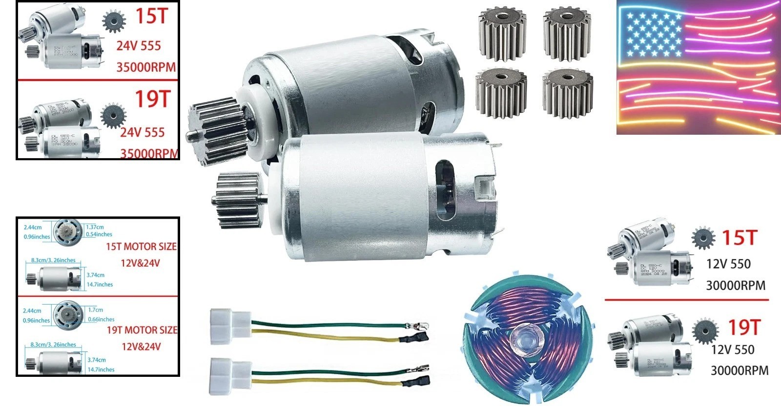 2PCS 24 Volt RS555 35000RPM High-Speed 7R Motor 15T for Fisher Price Power Wh…