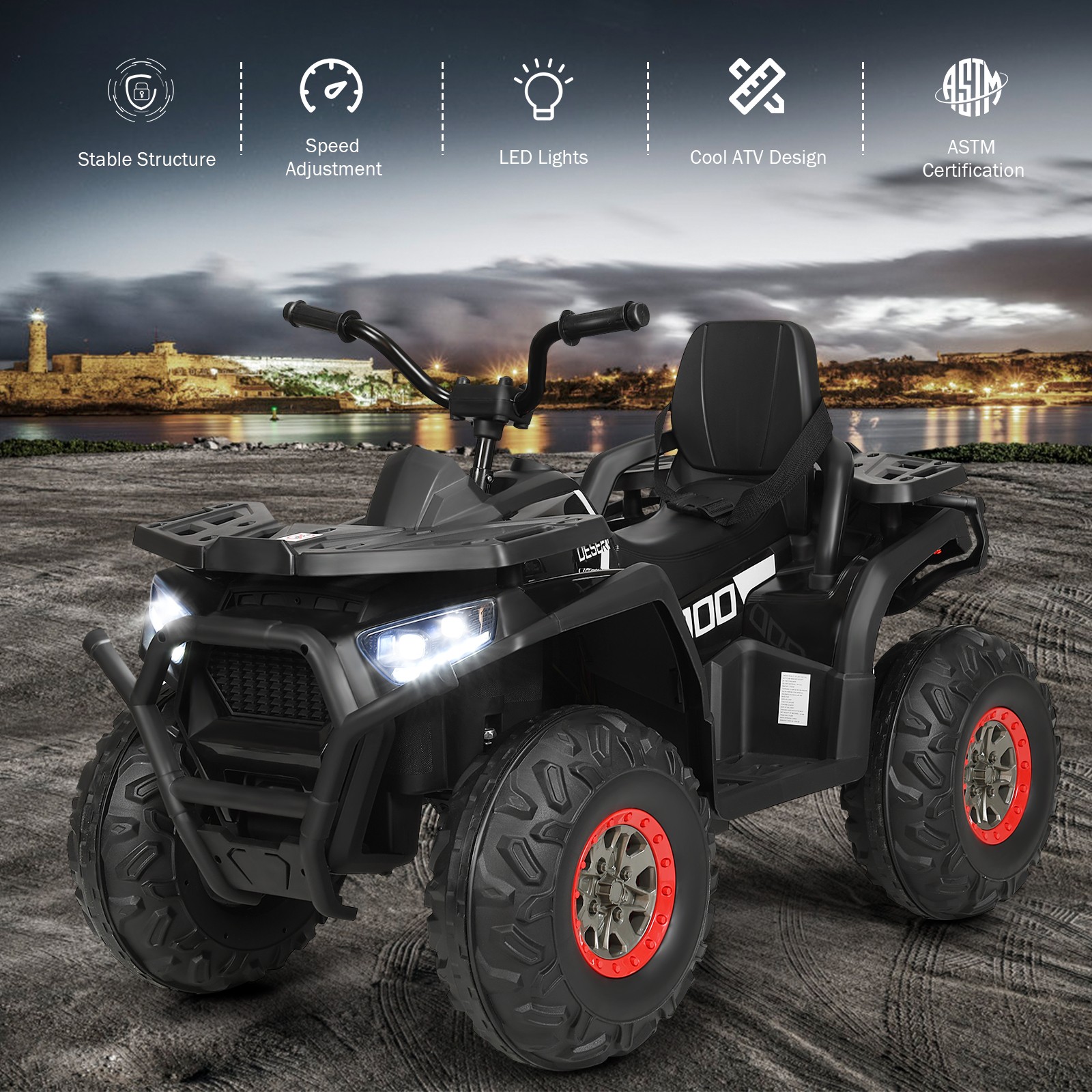 12V Kids Electric 4-Wheeler ATV Quad 2 Speeds Ride On Car w/ Music & Light Black