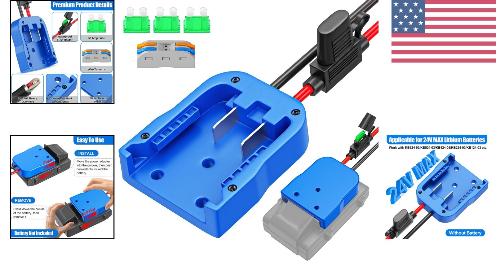 Power Wheels Battery Adapter for Kobalt 24V Max, 14 AWG with Fuse Protection