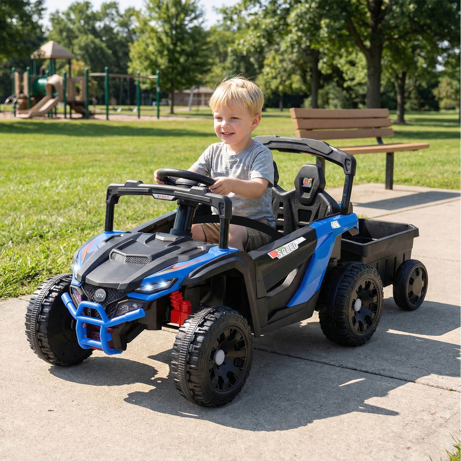 12V Kids Ride On UTV w/Detachable Trailer, Remote Control, 3 Speeds, LED Lights