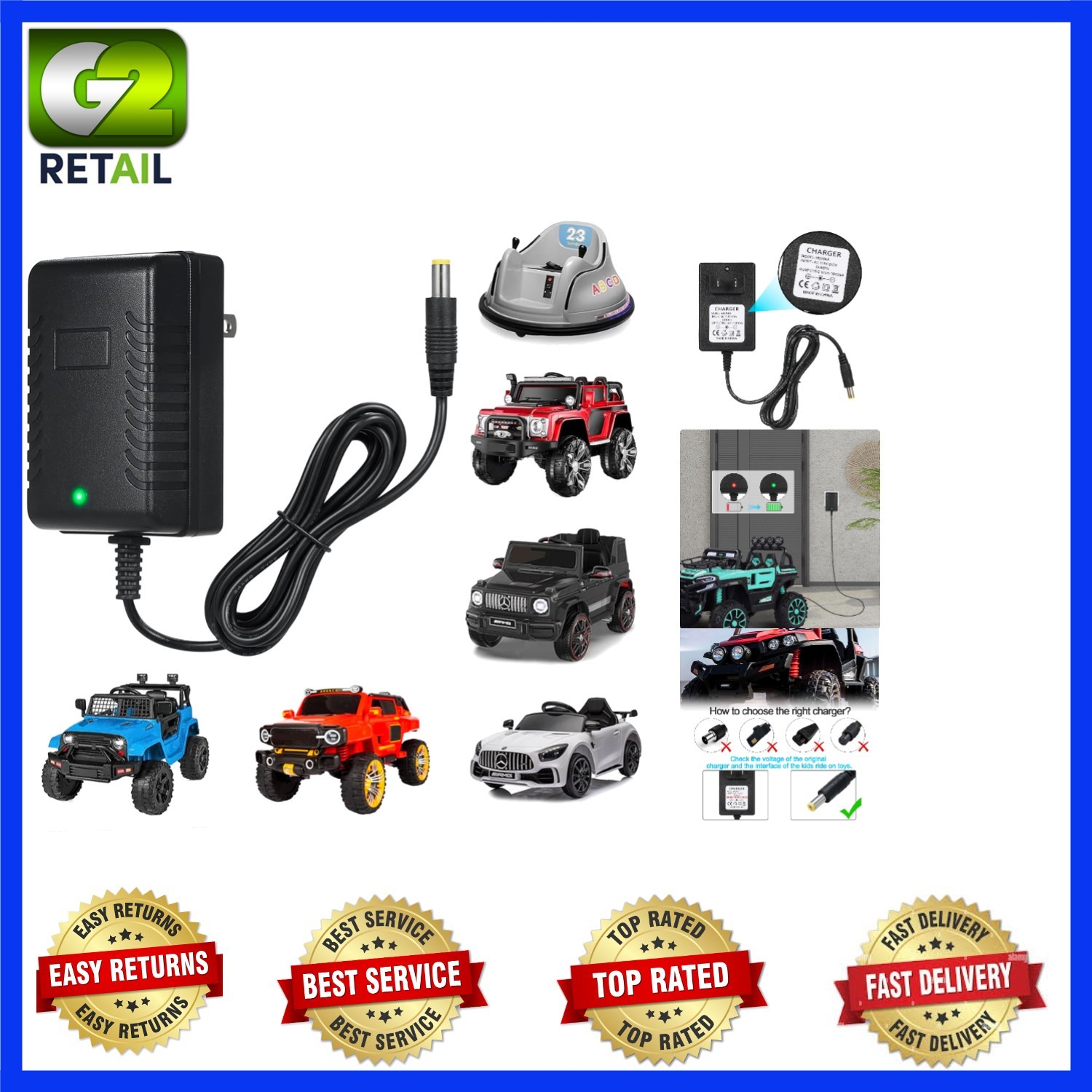 Fast Charging 12V Charger for Kids’ Electric Ride-On Vehicles – Durable Design