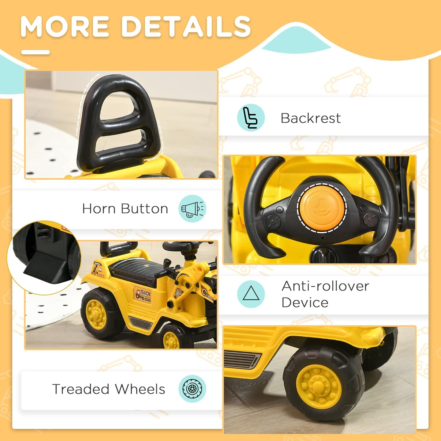 Ride on Excavator, Kids Bulldozer Pull Cart with Horn, under Seat Storage, Sit a