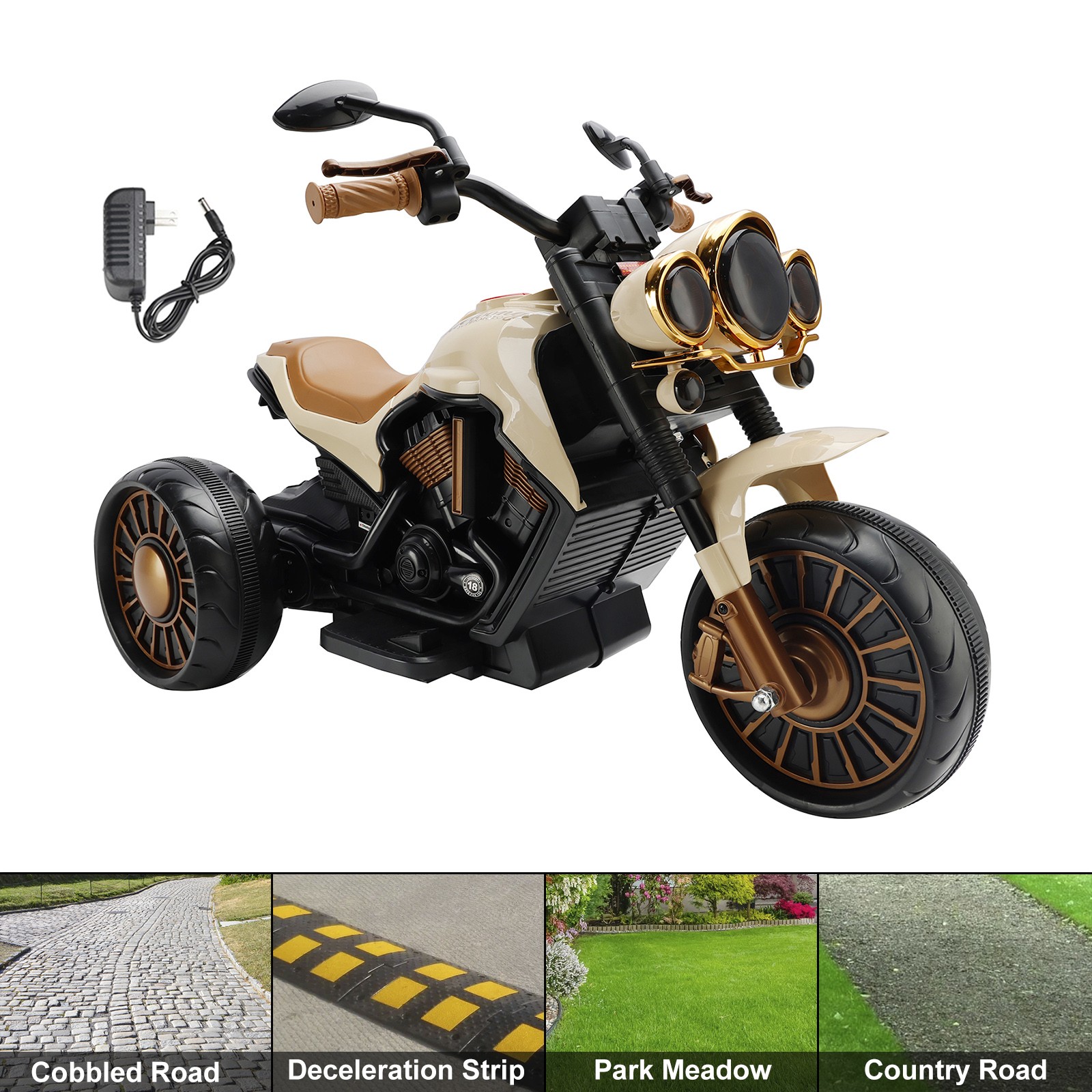 3 Wheel Kid Ride On Motorcycle Electric Dual Drive Toy Car With LED Light Brown