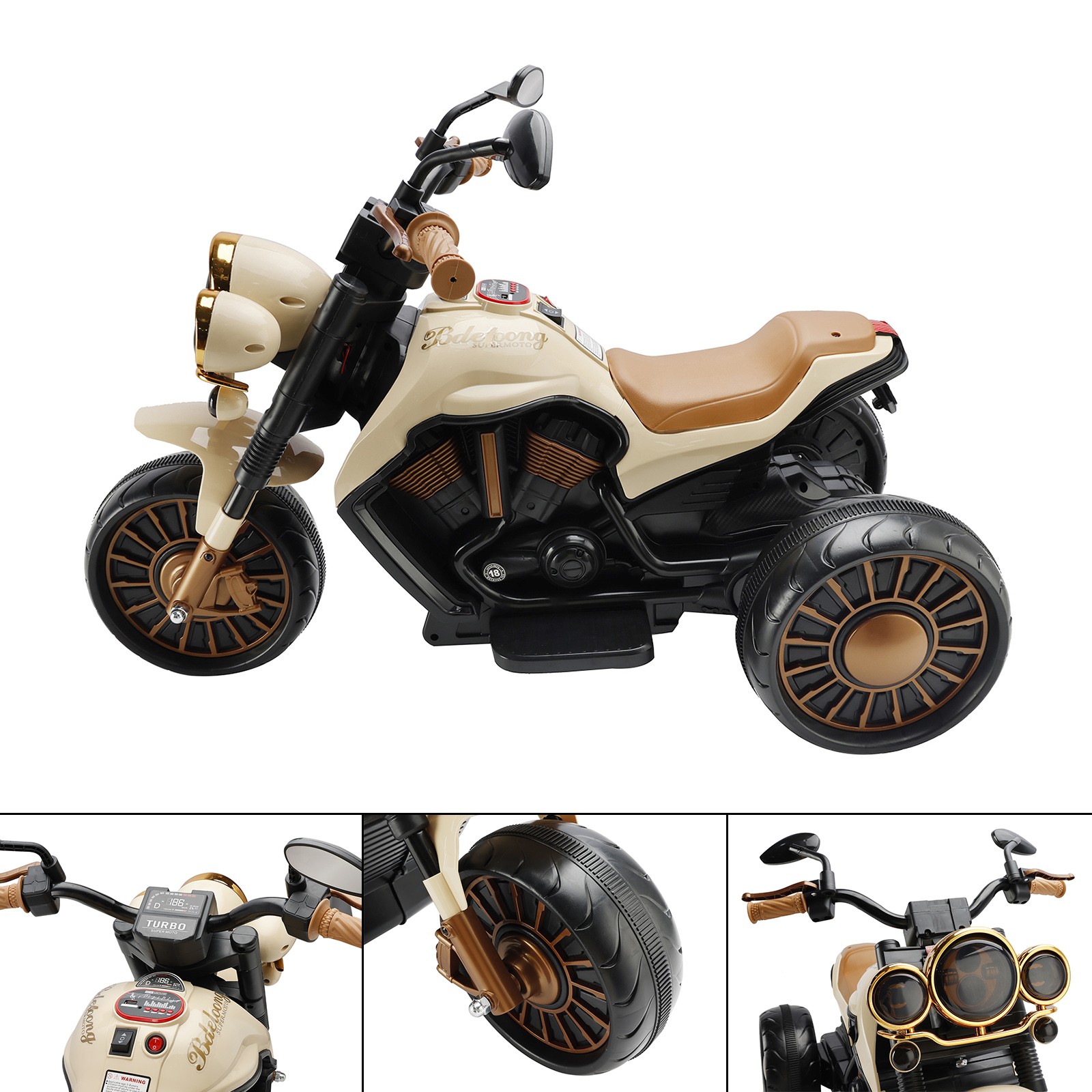 3 Wheel Kid Ride On Motorcycle Electric Dual Drive Toy Car With LED Light Brown