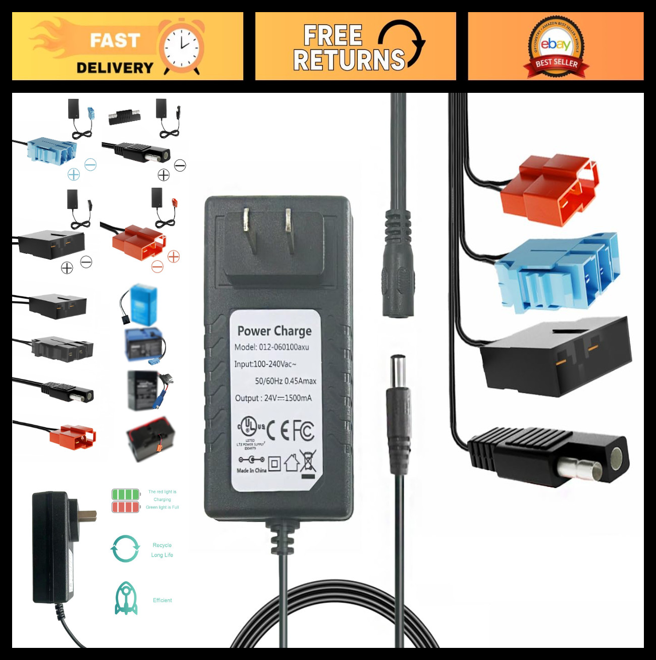 Multi-Voltage Charger for Kid’s Ride-On Cars | 6V, 12V, 24V Power Adapter | Univ