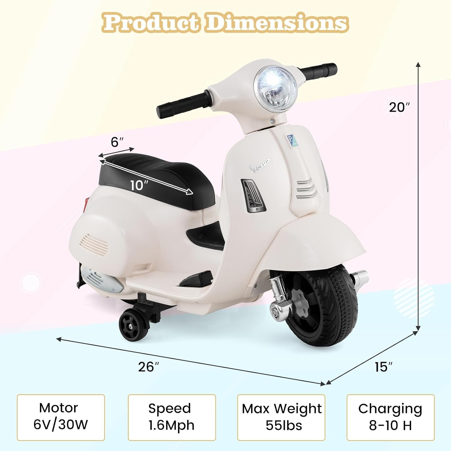 Kids’ Electric Vespa Motorcycle with Training Wheels and Realistic Design.