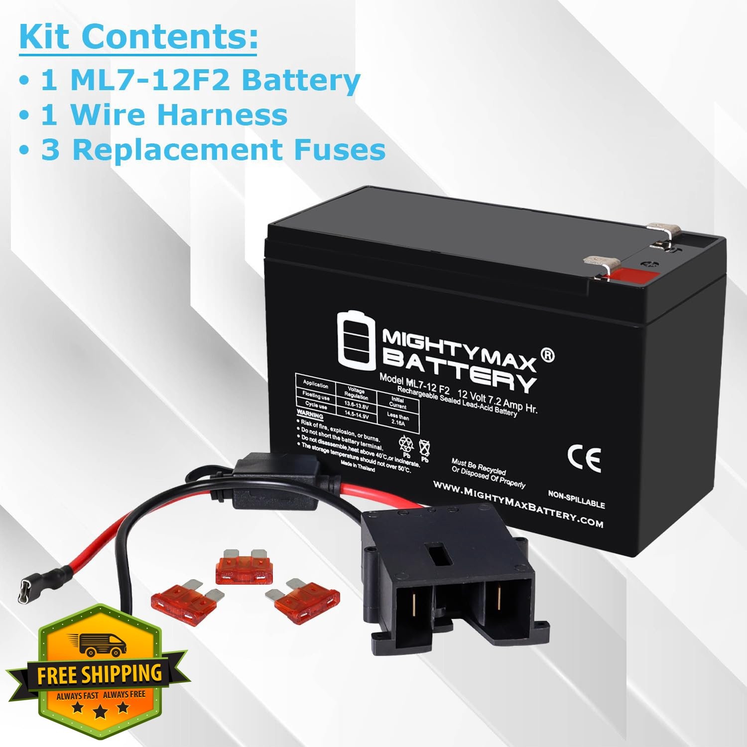 12V Power Wheels Ride On Toy Battery Replacement Kit 7Ah with Harness