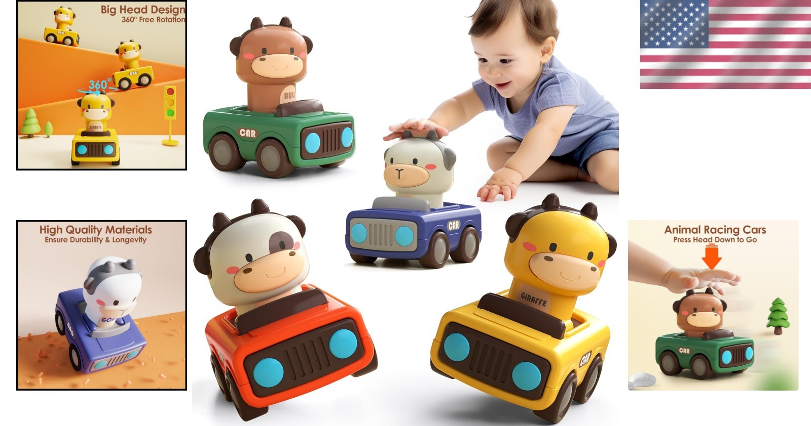 Toddler-Friendly Press to Go Animal Cars – Safe, Fun Toy for Baby Development