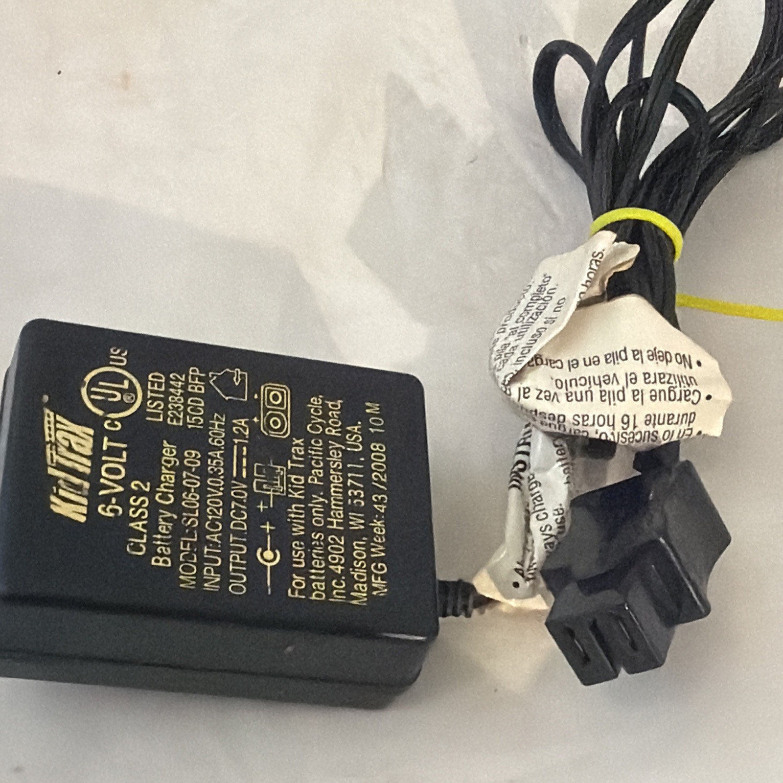 Kid Trax Shengle Electronic SL06-07-09 6V 1A AC / DC Battery Charger Square Plug