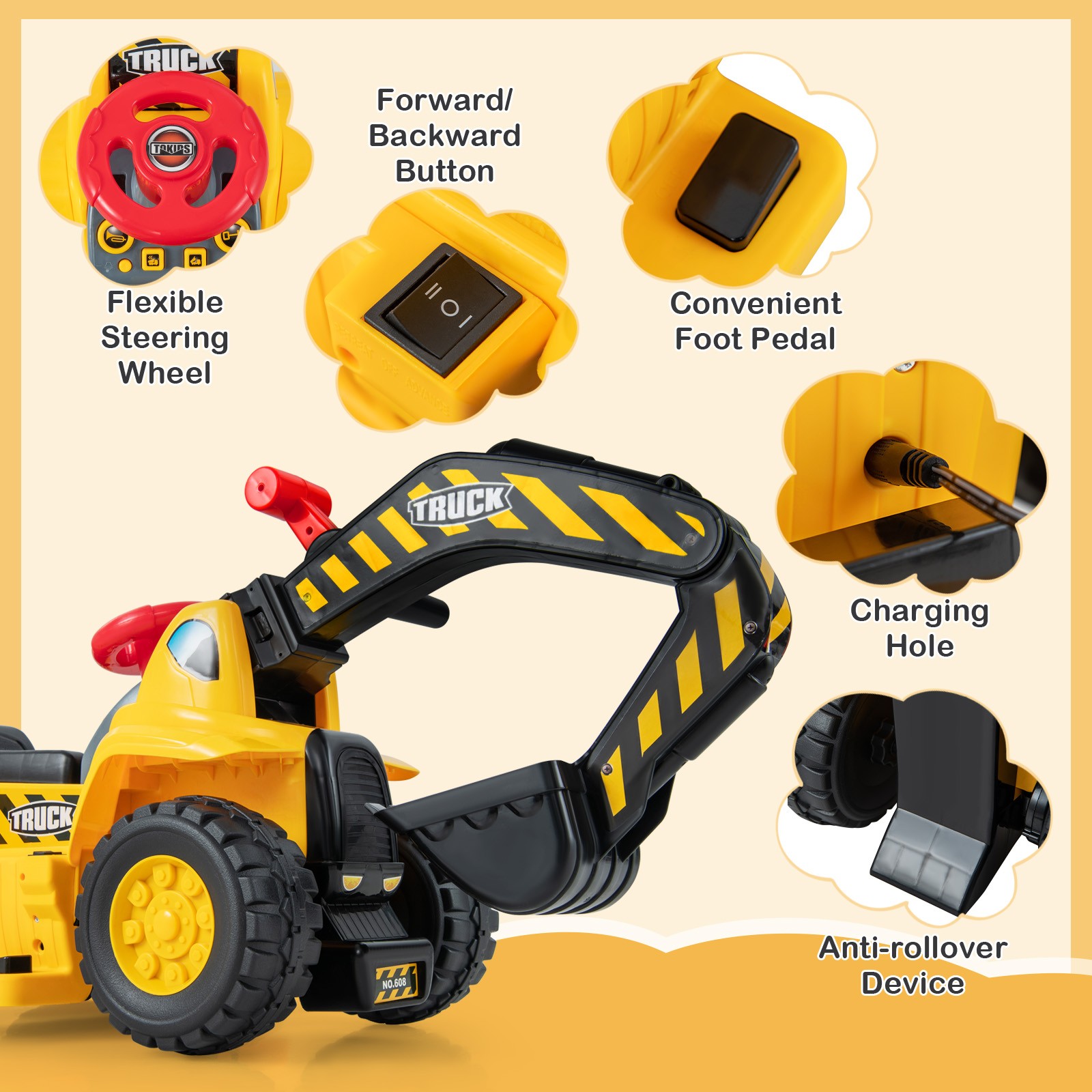 6V Electric Kids Ride On Excavator Pretend Play Toy Tractor w/ Basketball Hoop