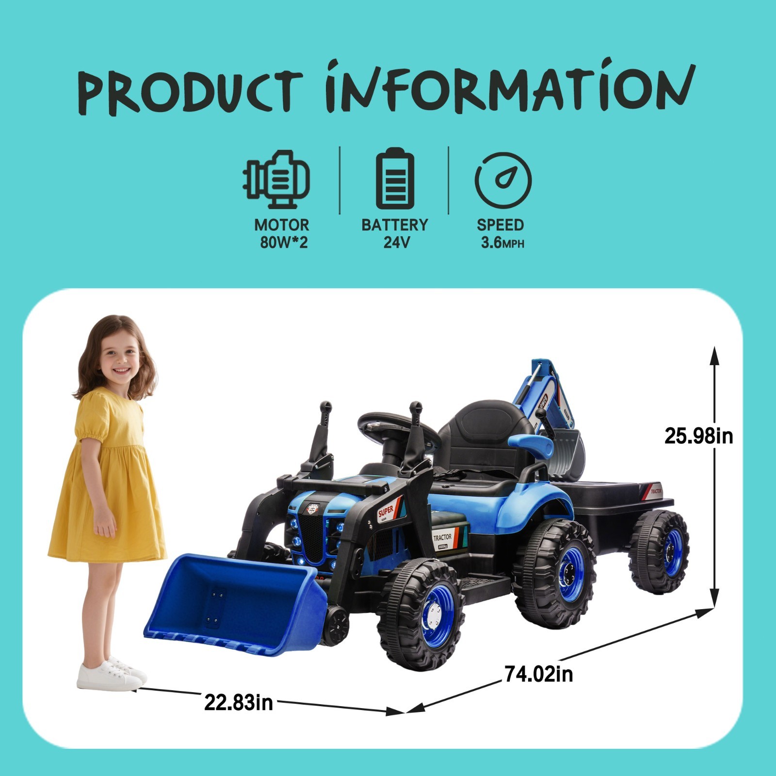 24V Kids Ride On Tractor Electric Car w/Remote, LED Tail-light, 3 Speed Toy