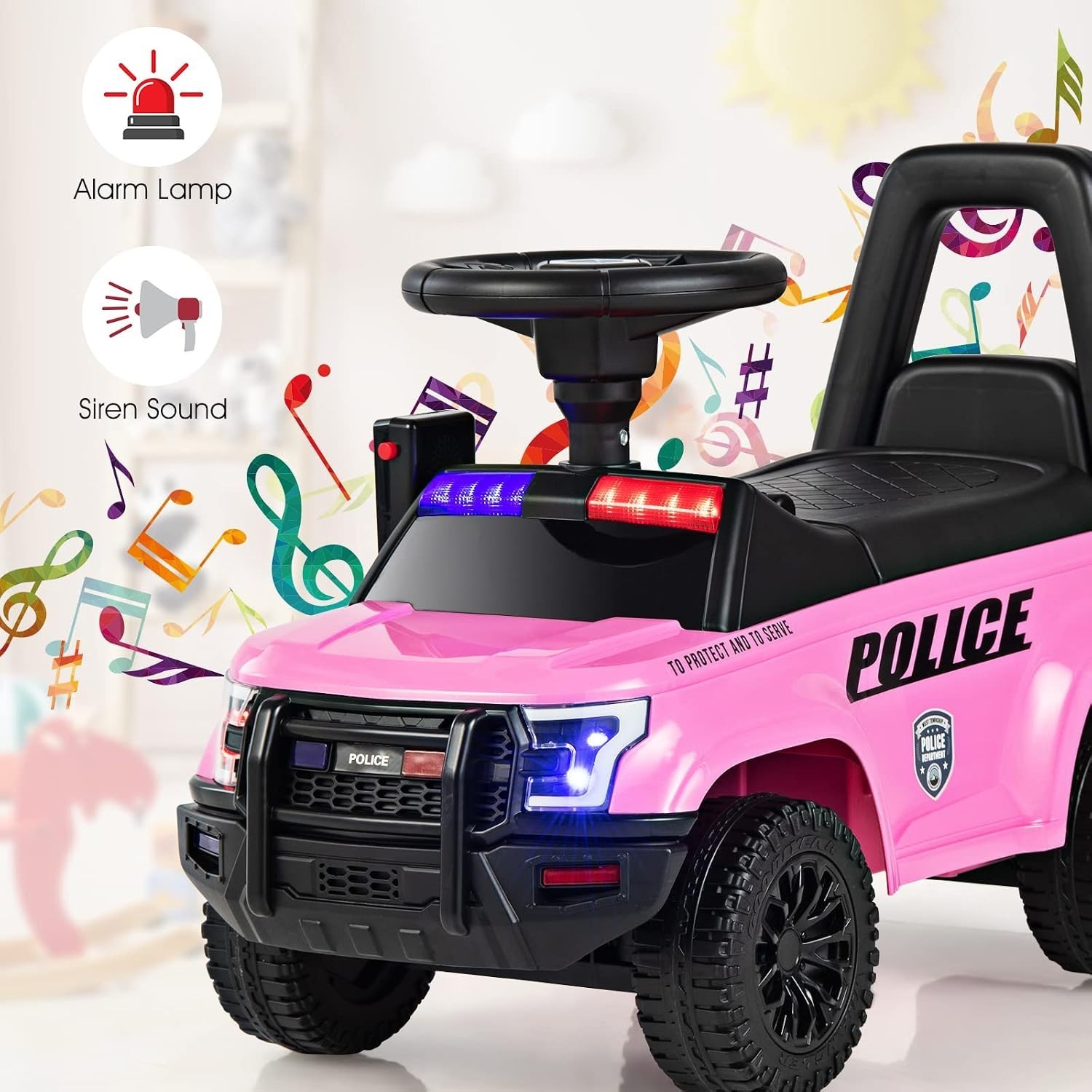Kids Pink Police Ride On Car: Steering, Siren, Storage, 55lb Max Weight