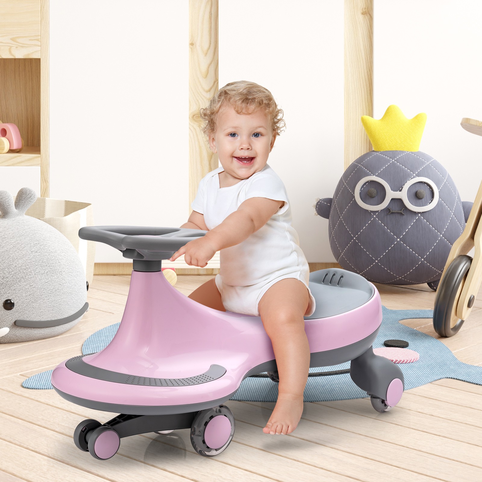 Babyjoy Wiggle Car Ride-on Toy w/ Flashing Wheels for Toddlers & Kids Pink