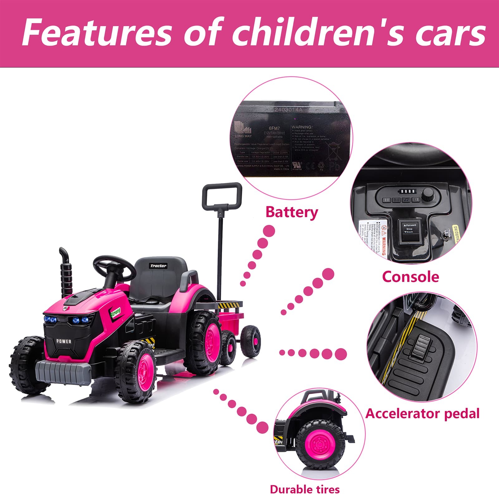 Kids Electric Farm Tractor Ride On Car 12V with Trailer Lights Music Age 3-6