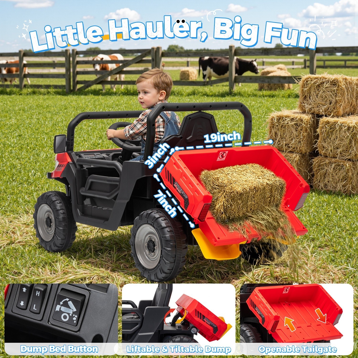 24V Kids UTV Dump Truck RC Spring Suspension Dump Bed Shovel Bluetooth LED Light