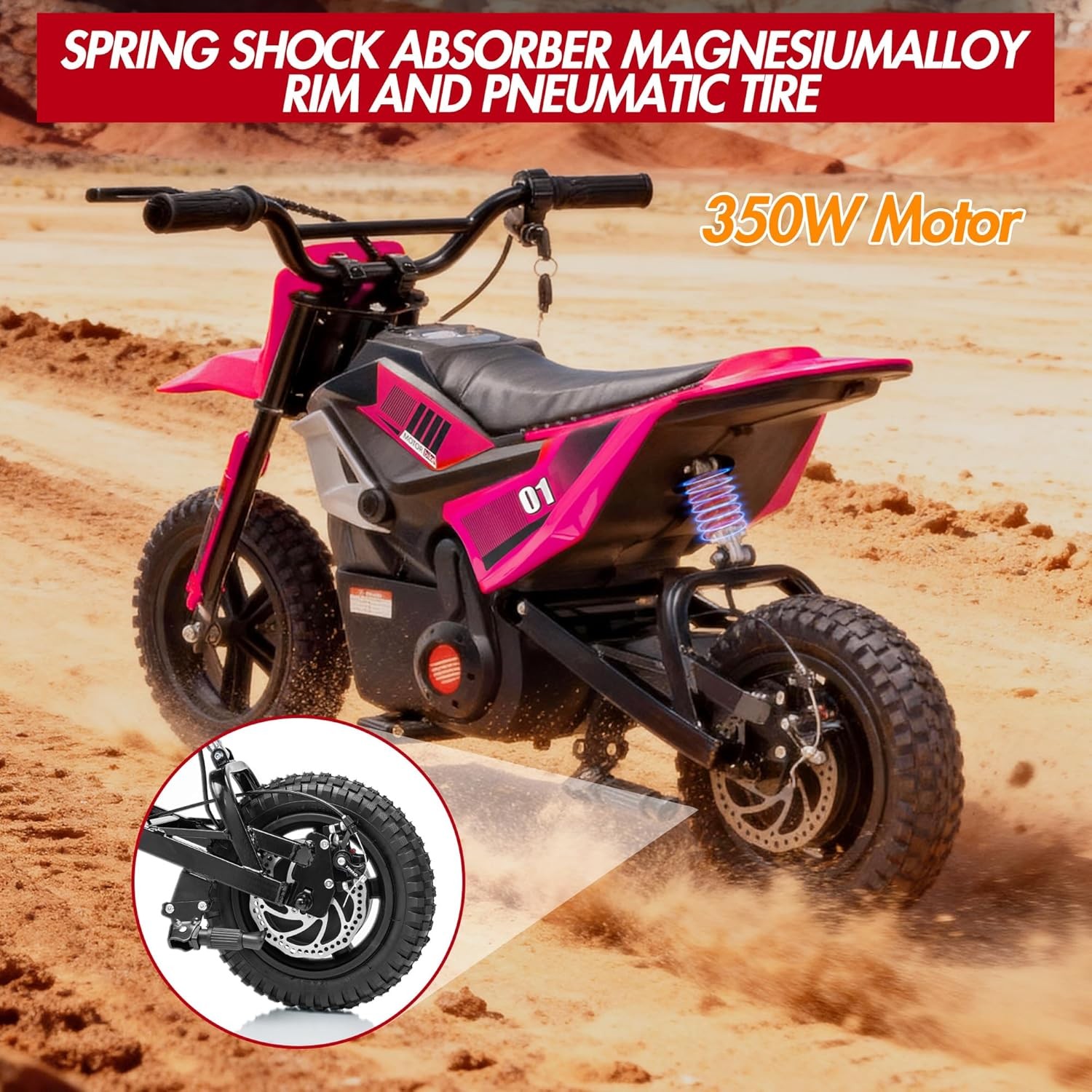 24v Ride on Motorcycle for Kids 350w Mini Dirt Bike 14 MPH Rose