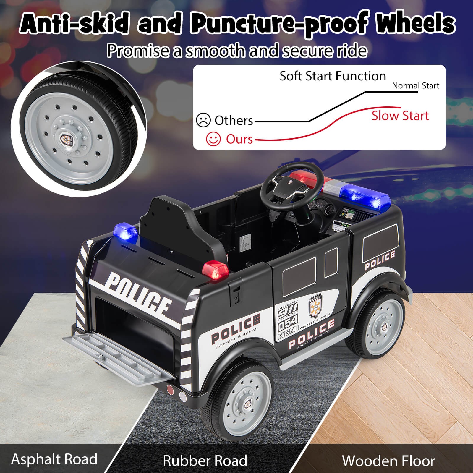 Kids Ride on Police Car with 3 Speeds Megaphone Music FM Radio Flashing Lights