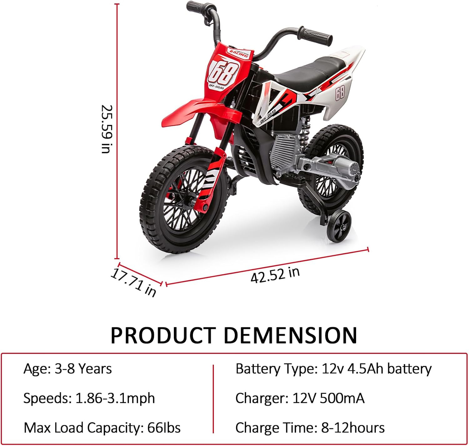 12V Kids Electric Dirt Bike with Training Wheels, Twist Grip Throttle, 3Mph Max