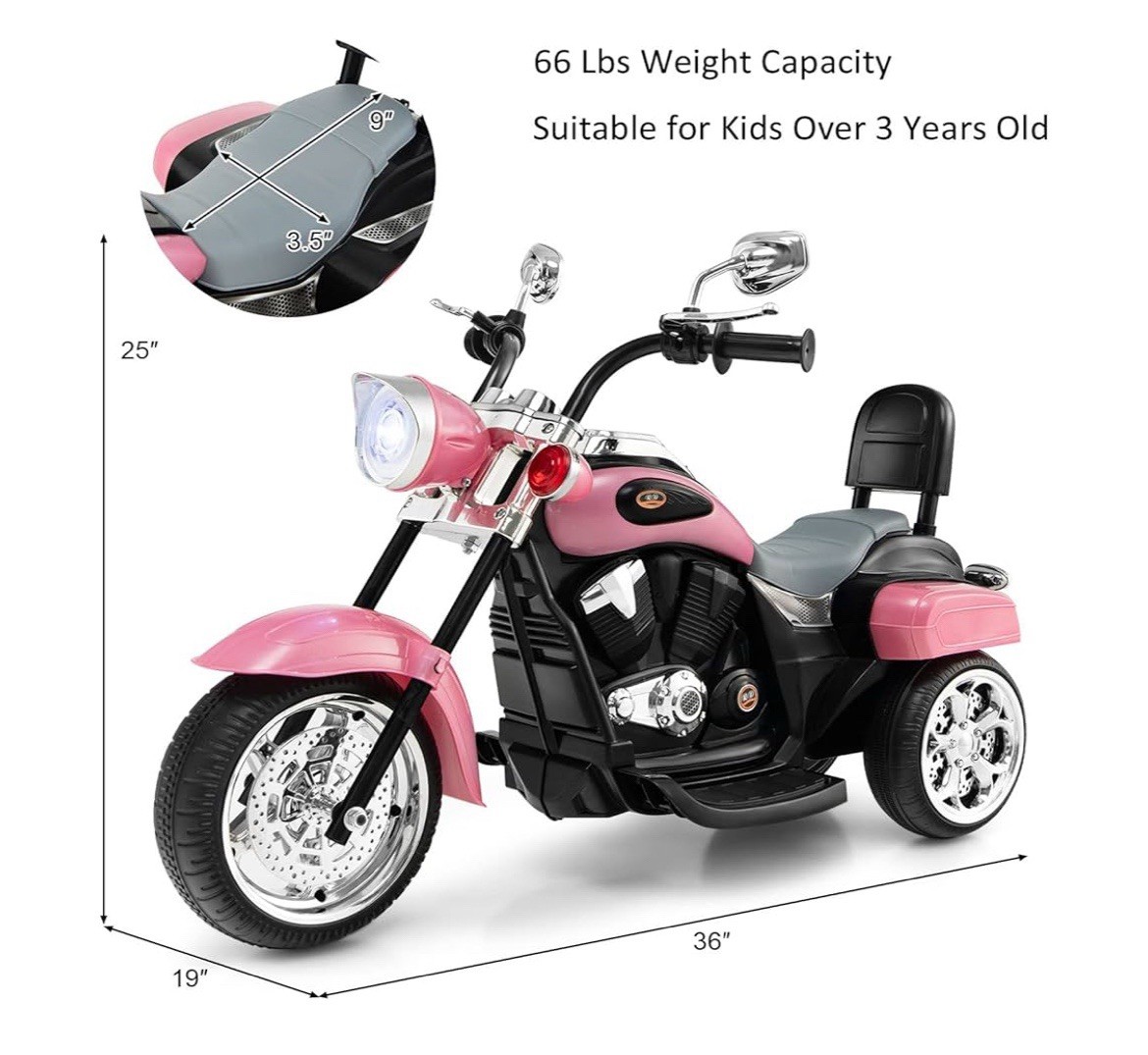 3 Wheel Kids Ride On Motorcycle 6V Battery Powered Electric Toy Chopper Trike