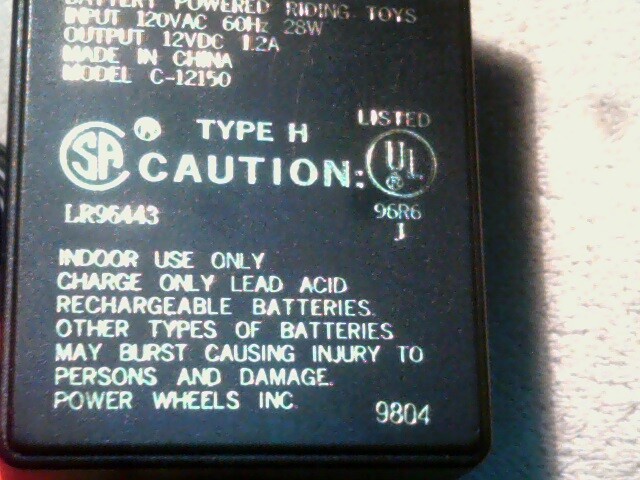 Power Wheels C-12150 0801-0225 Home Charger for 12V Battery Powered Riding Toys