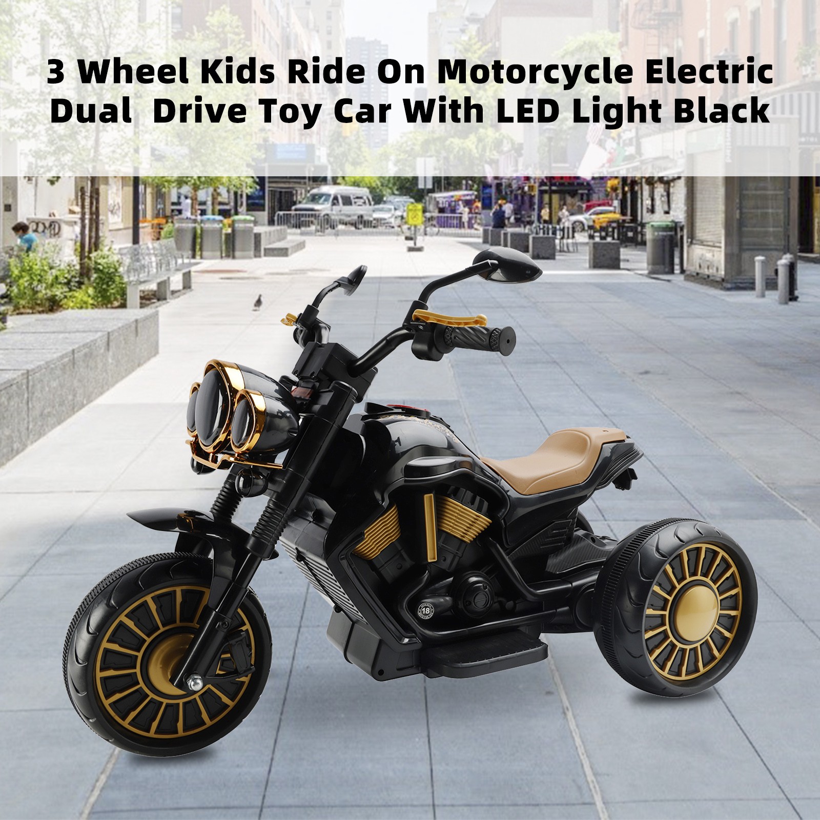 3 Wheel Kids Ride On Motorcycle Electric Dual Drive Toy Car w/LED Light Black🏍️