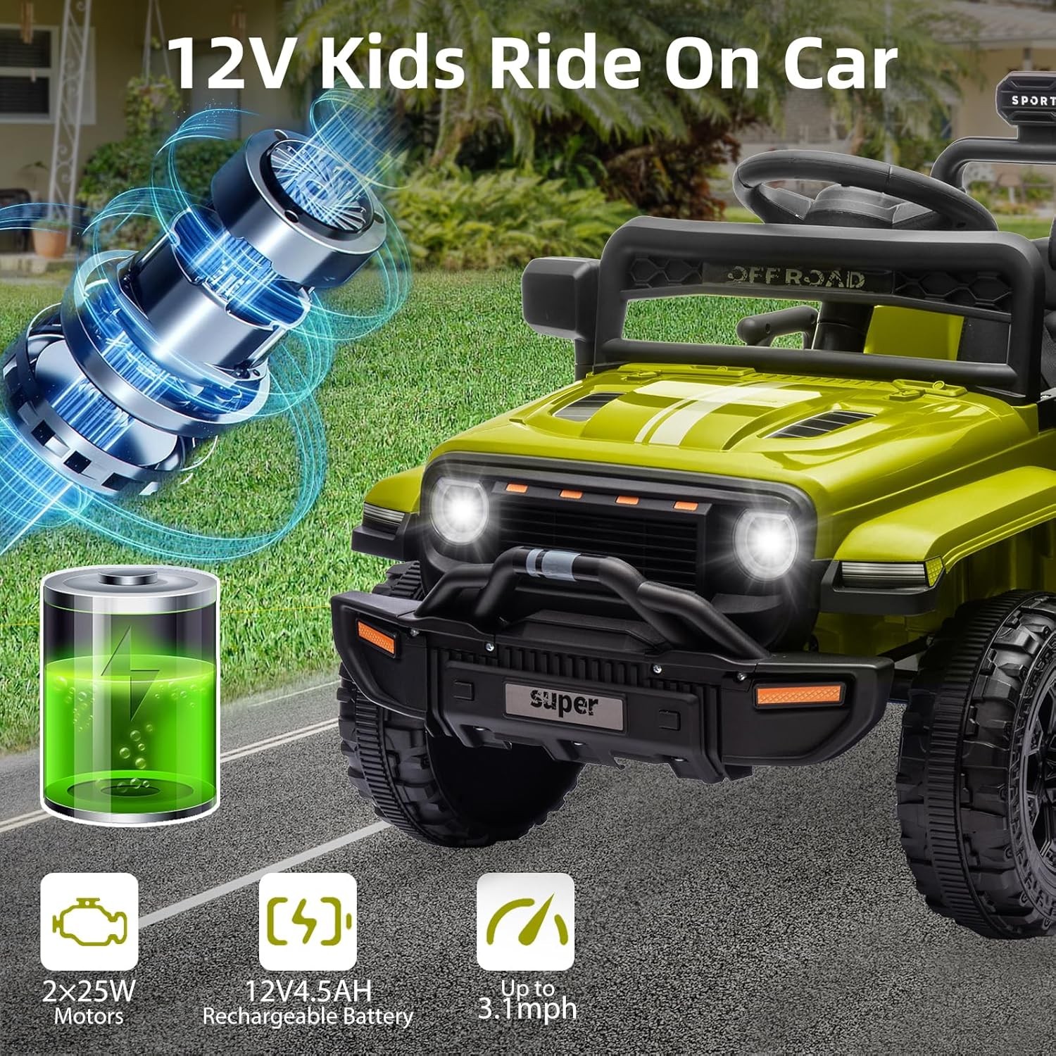 12V Kids Ride On Truck w/ Remote,2 Speeds,Spring Suspension,LED Lights – Green