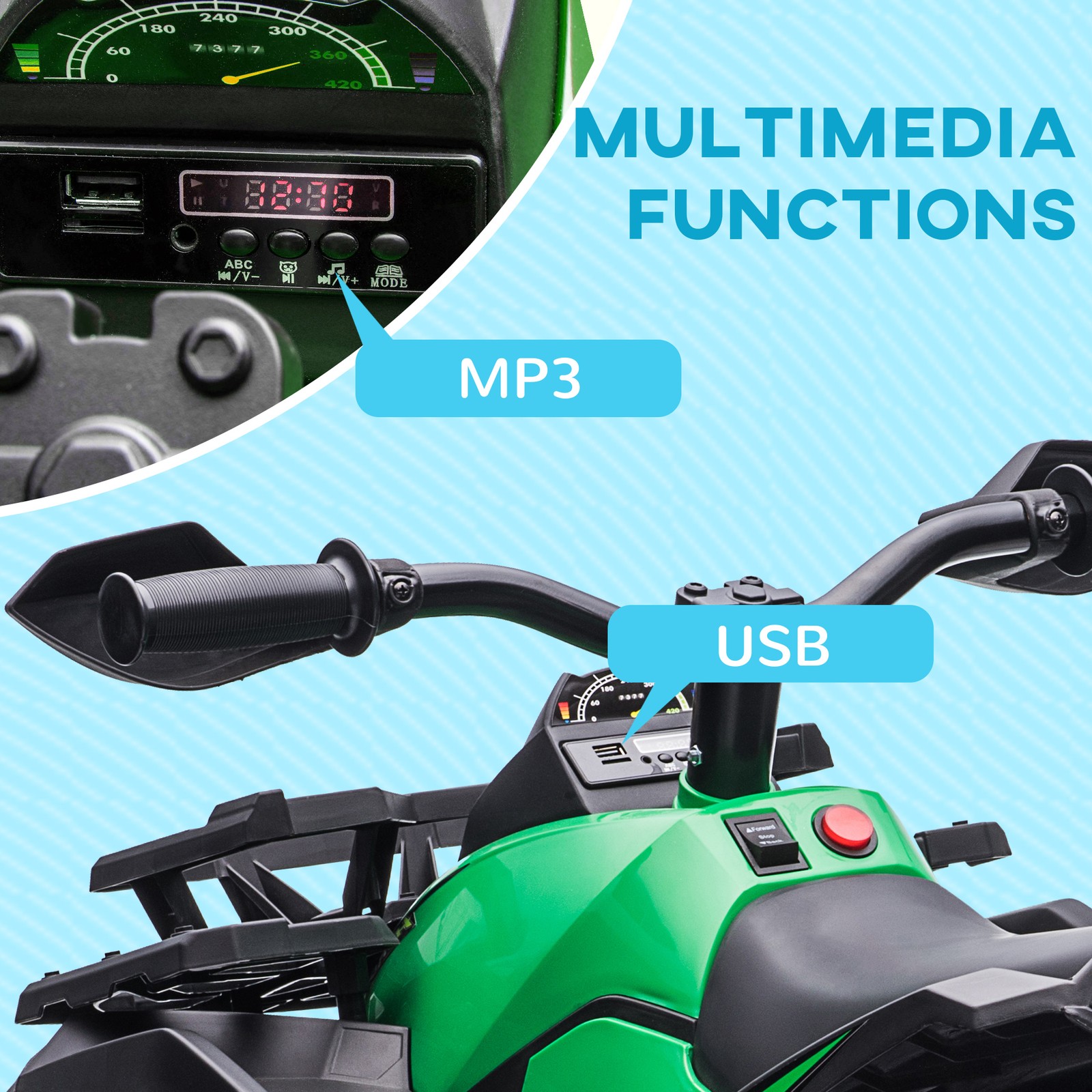 12V Kids ATV Quad Car Toy with Music & Headlights, Green