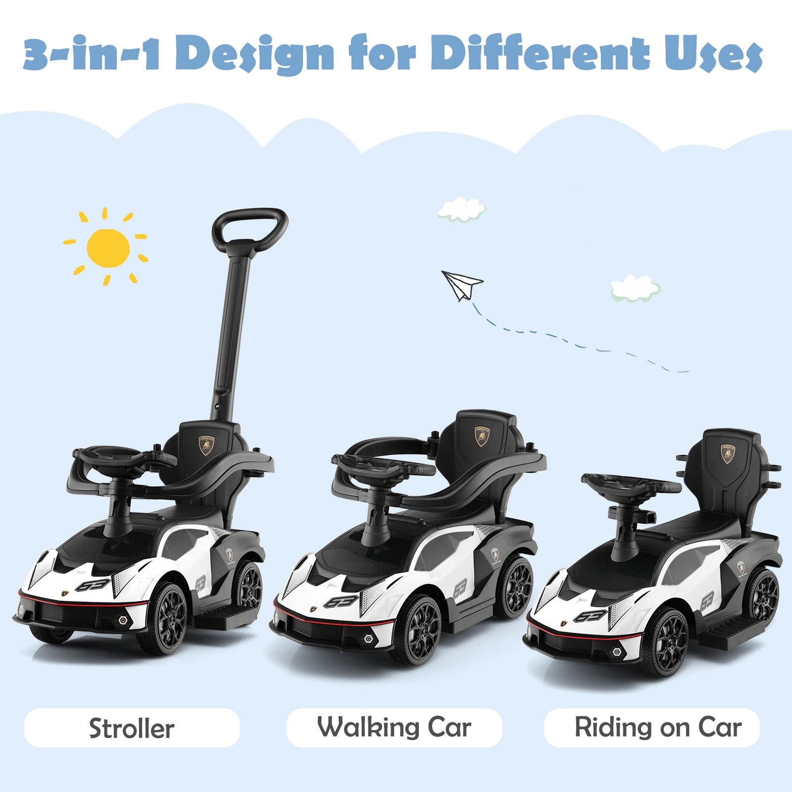 3-in-1 Licensed Lamborghini Ride on Push Car Stroller Sliding Car w/ Sound White