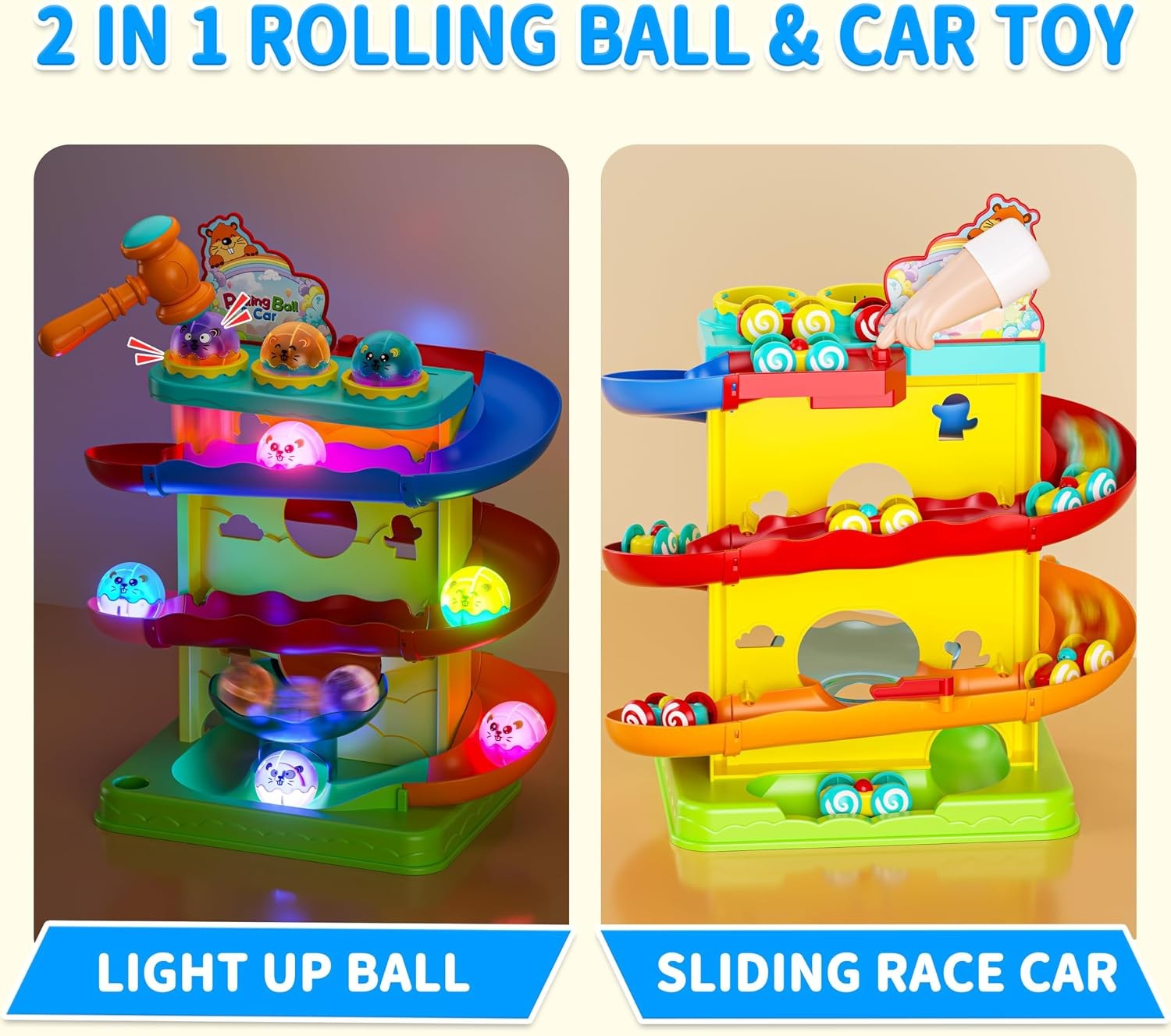 2-in-1 Light Up Rolling Ball & Racing Car Ramp Toddler Toy Race Track Hammer