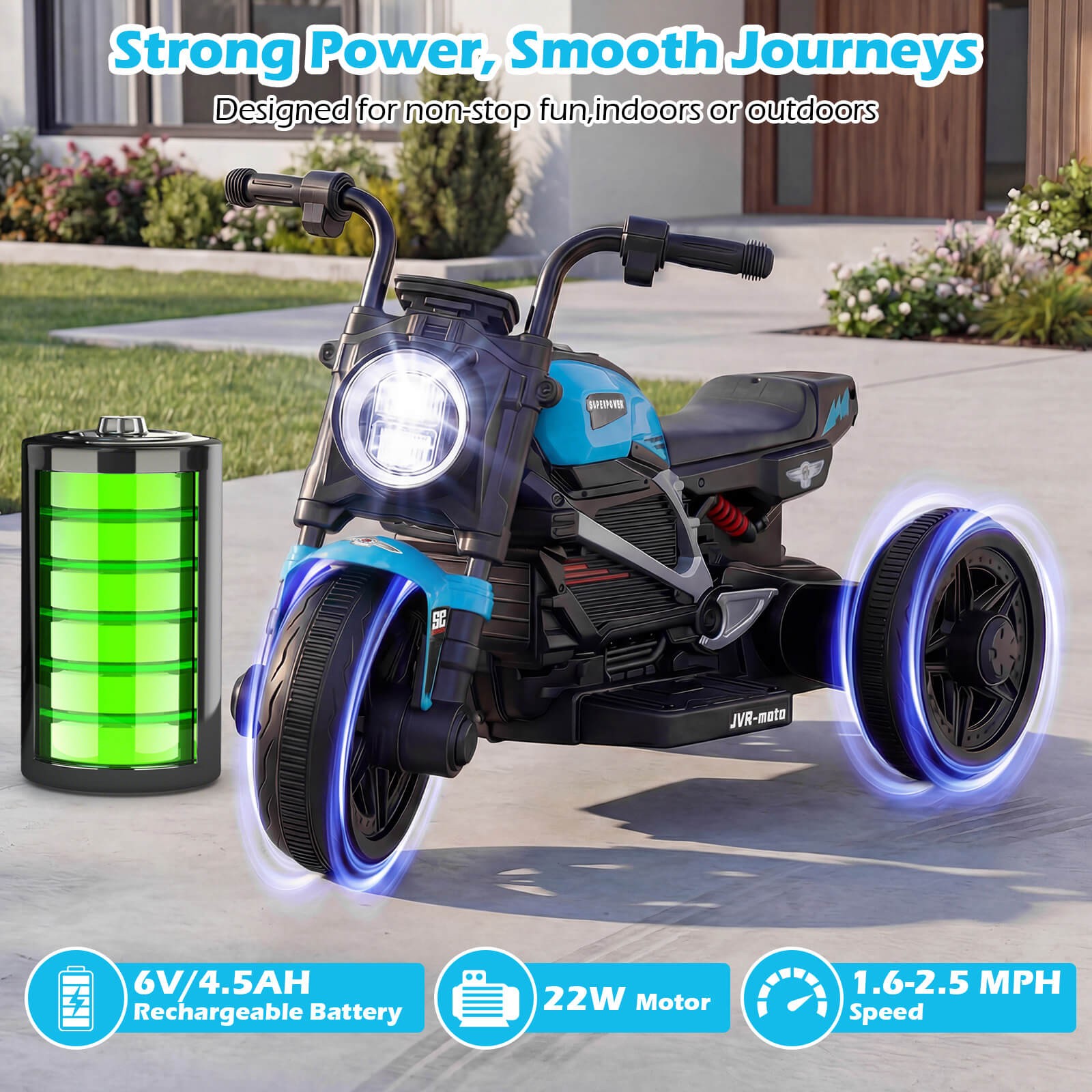 6V Kids Motorcycle w/Song,Story,LED Headlights,Accelerator Pedal & 3 Wheels,Blue