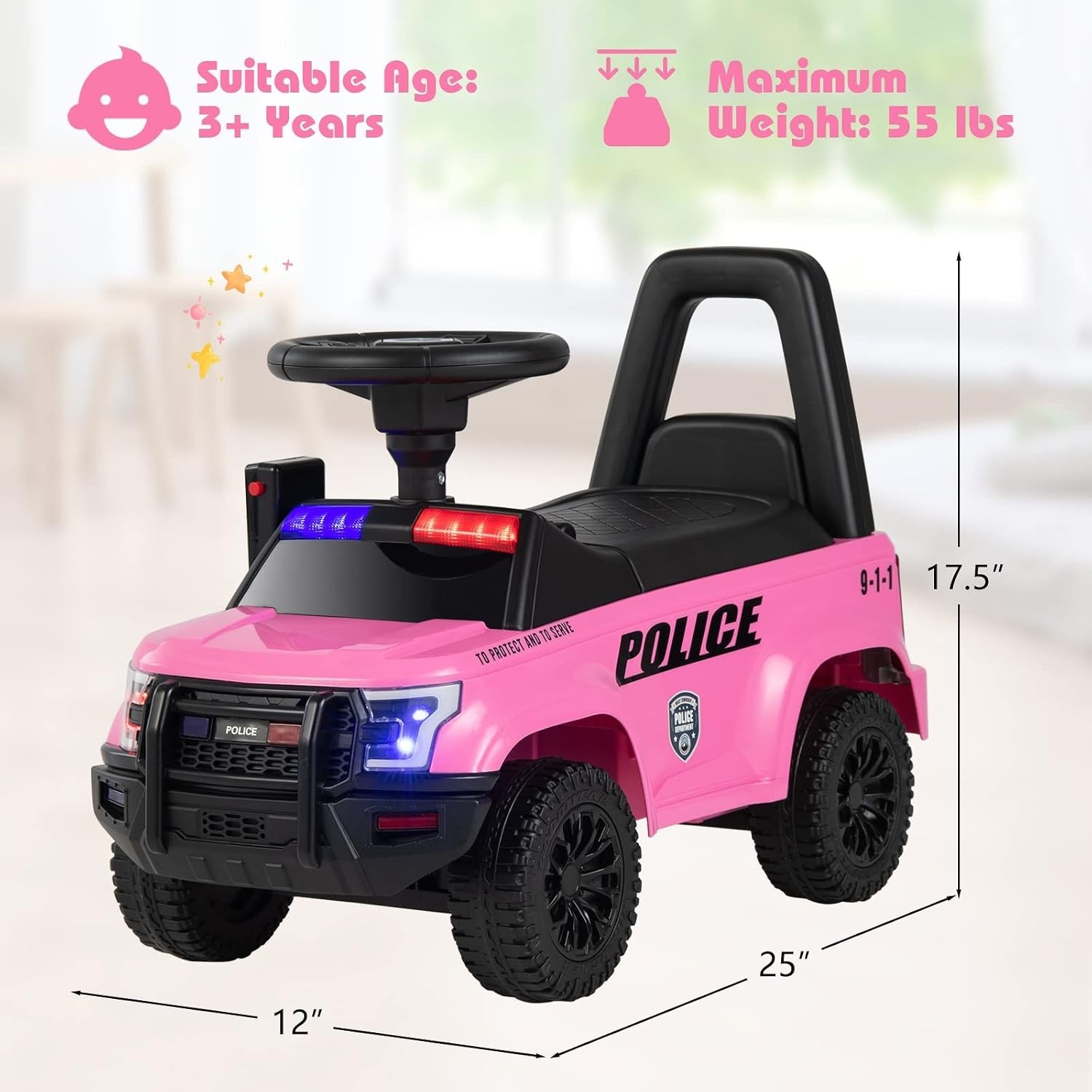 Kids Pink Police Ride On Car: Steering, Siren, Storage, 55lb Max Weight