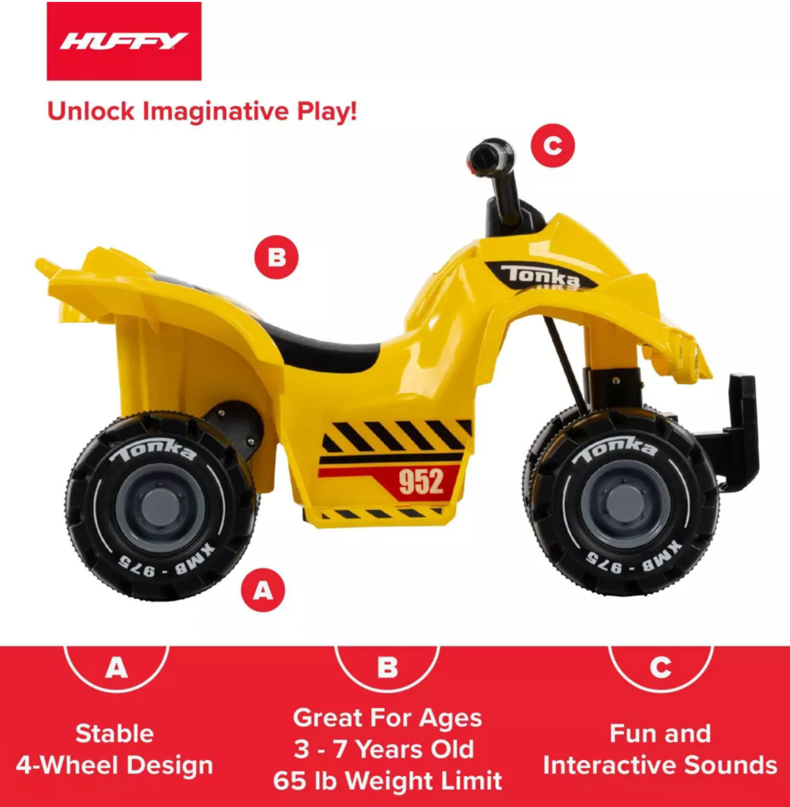 HUFFY TONKA TRUCK BATTERY RIDE-ON QUAD – 6V – AGE 1.5+ YEARS OLD – YELLOW