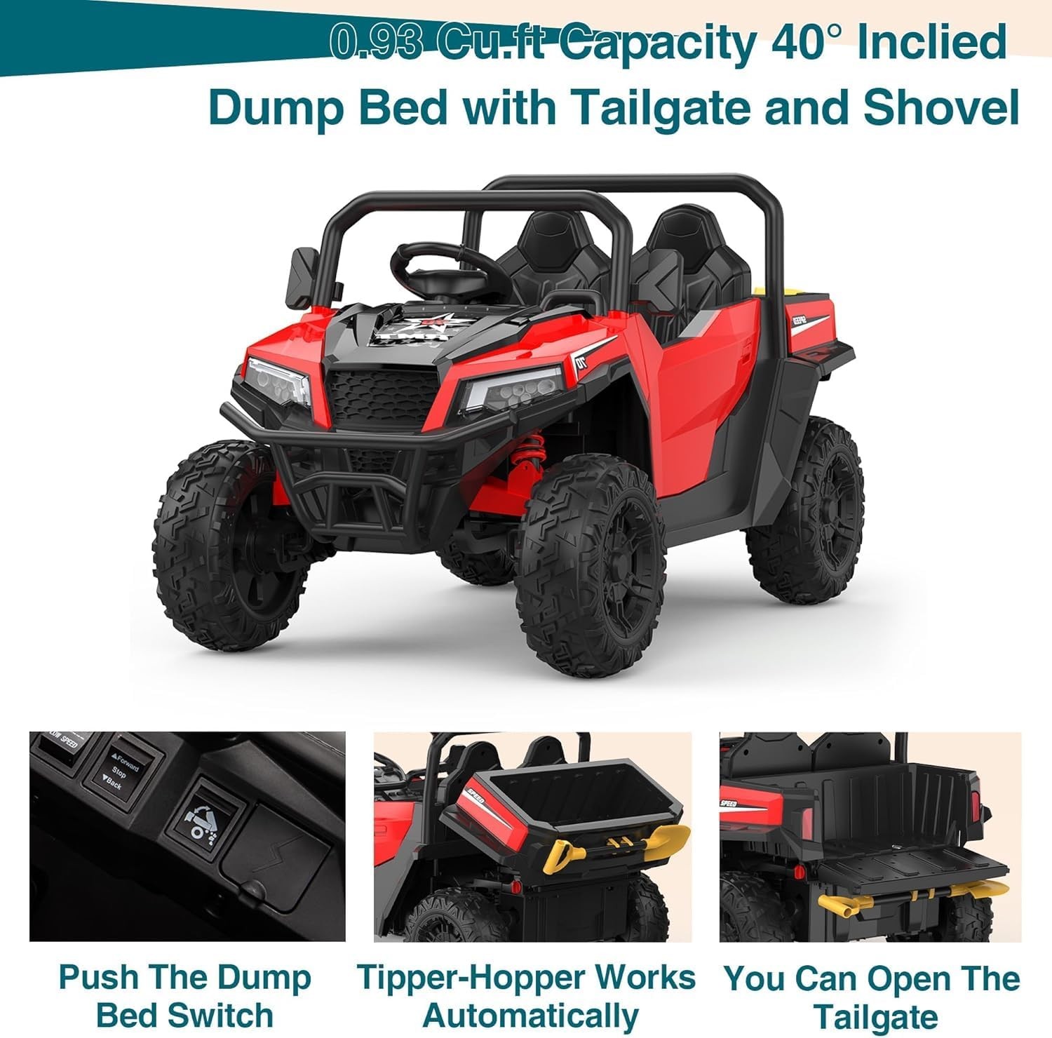 24V Ride On Truck for Kids w/ Remote, 4WD, LED Lights,Bluetooth,Dump Bed,2 Seats