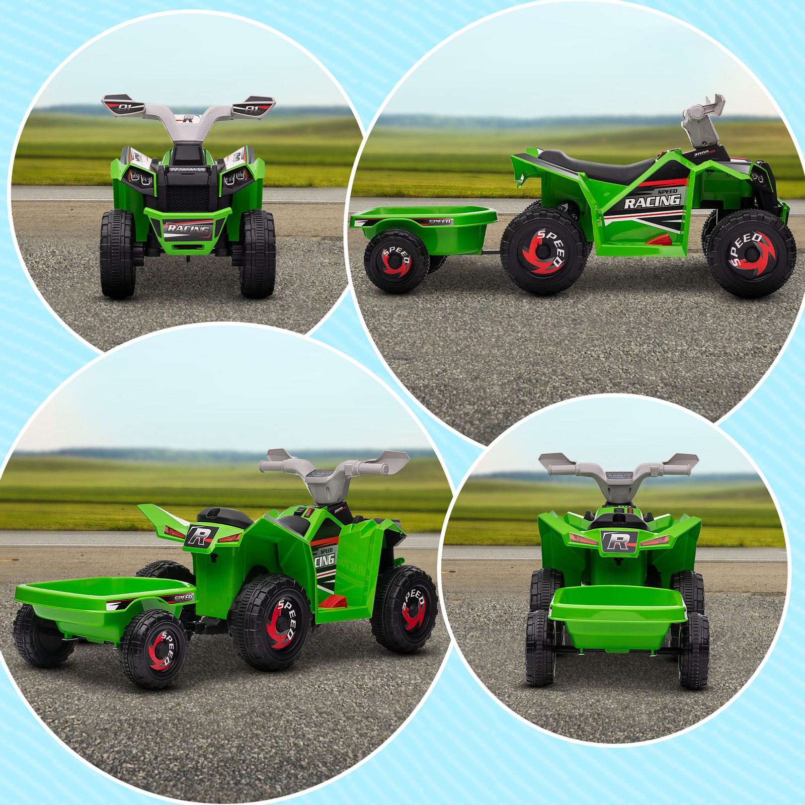 6V Kids ATV Quad Car with Back Trailer, Forward Backward Green