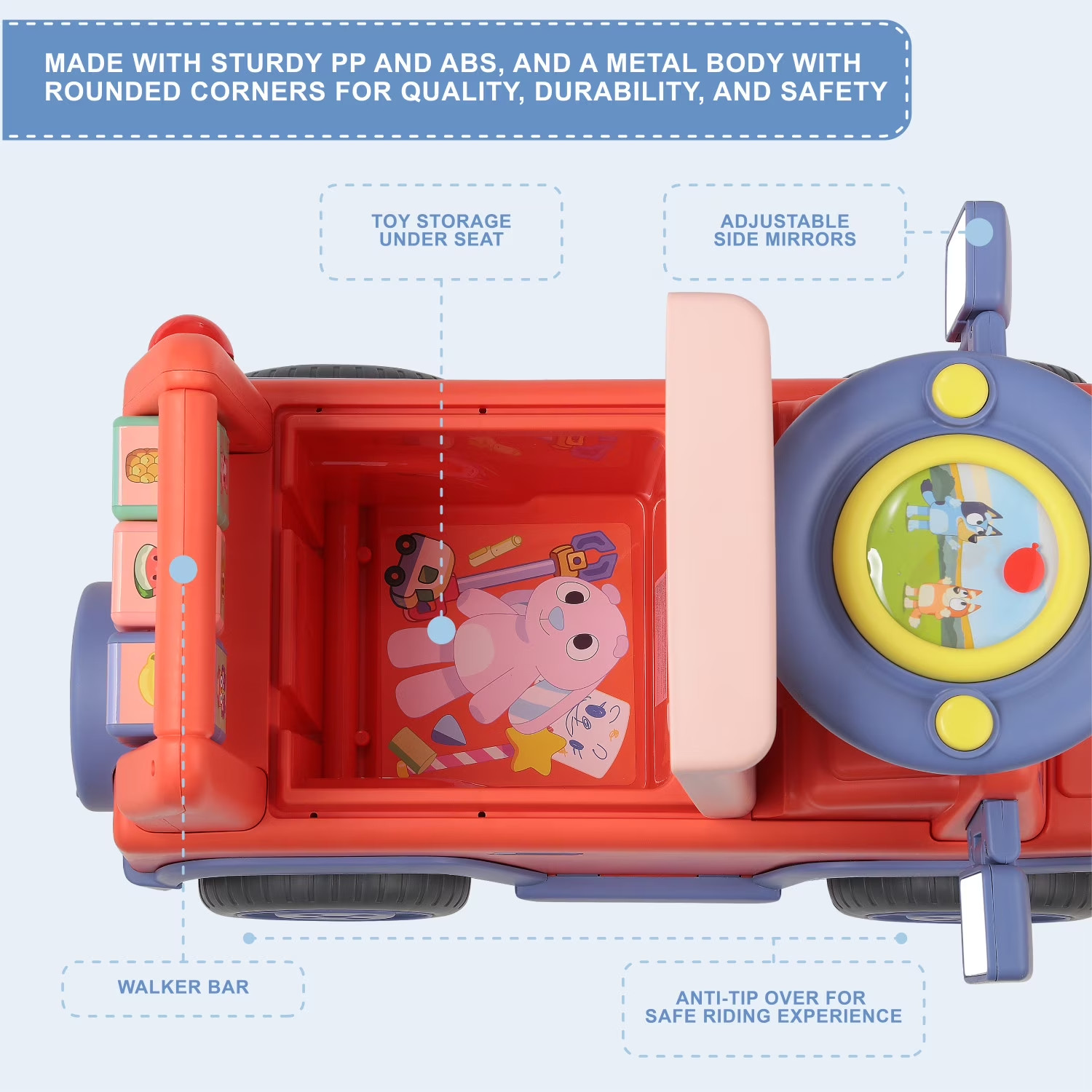 Kids Ride On Toy Bluey Push Car Truck Interactive Sounds Under Seat Storage